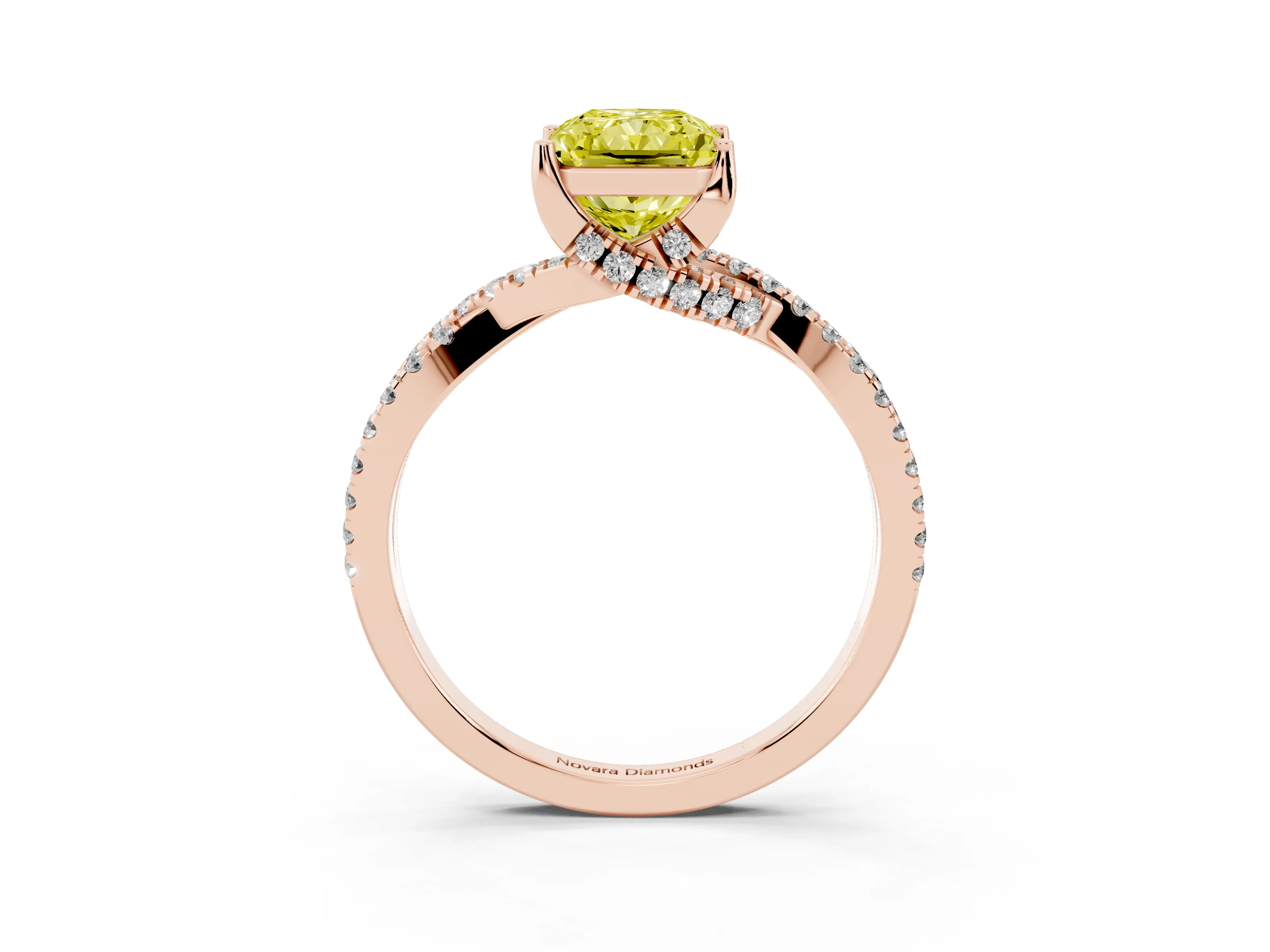 Fancy Yellow Radiant Cut Diamond Twist Pavé Solitaire Engagement Ring Set in Rose gold with Prong Setting