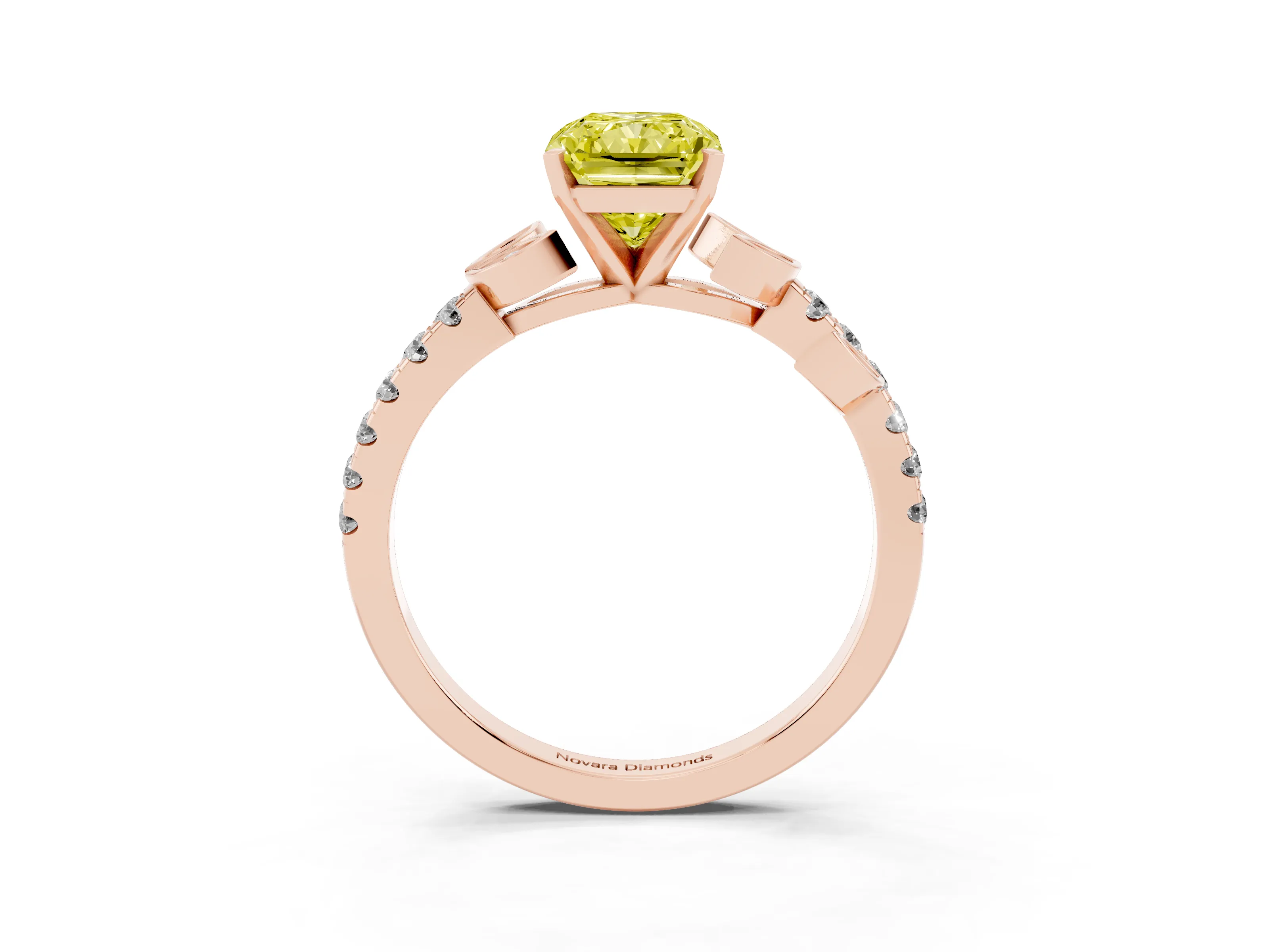 Fancy Yellow Radiant Cut Diamond Solitaire Leaf-Inspired Ring Set in Rose gold with Pavé Band and Prong Setting