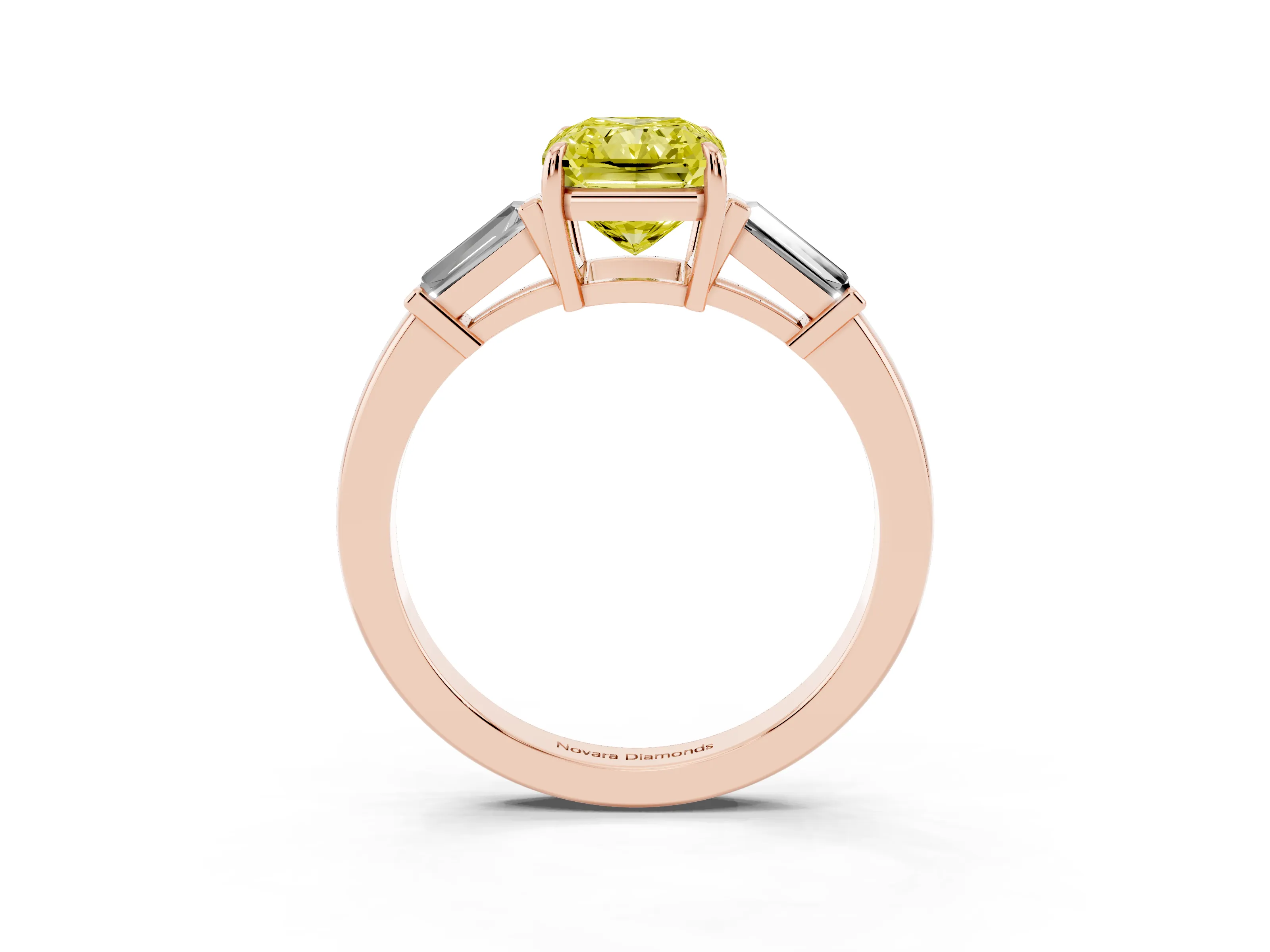 Fancy Yellow Radiant Cut Diamond Three-Stone Ring Set in Rose gold with Tapered Baguette Side Stones and Prong Setting