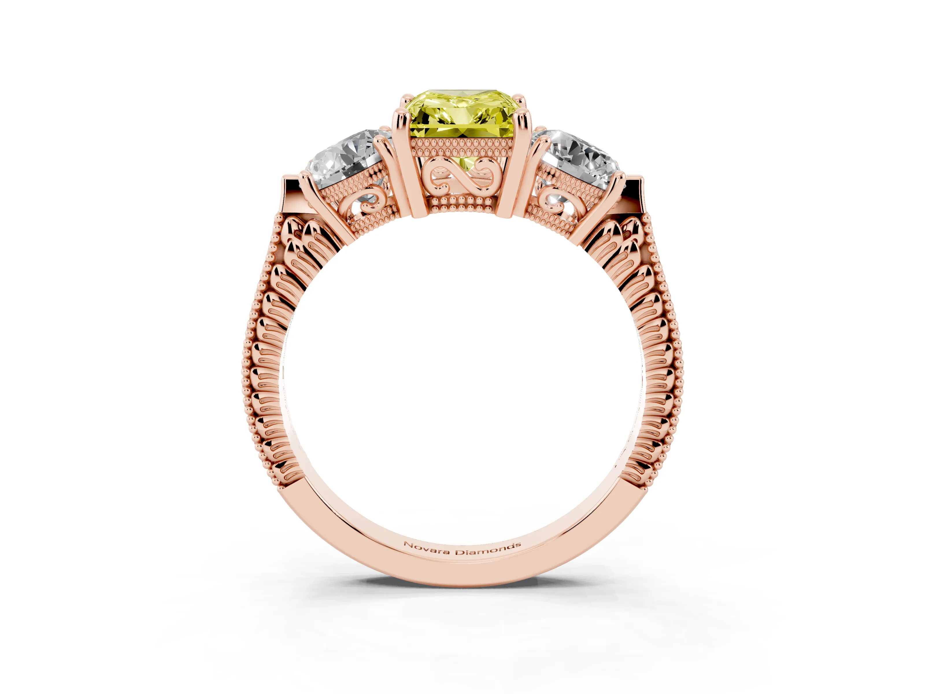 Fancy Yellow Radiant Cut Diamond Three-Stone Ring Set in Rose gold with Milgrain Band