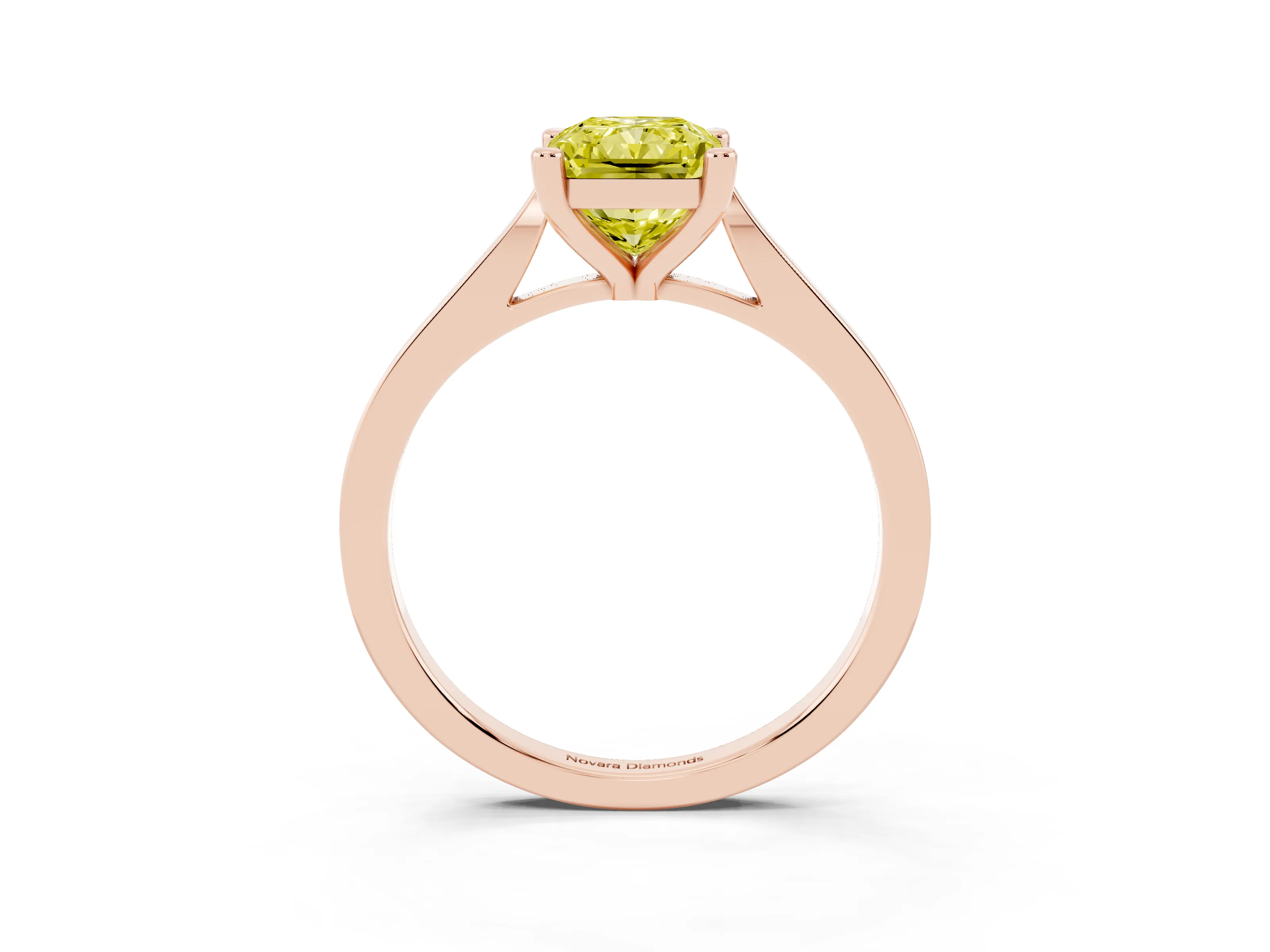 Fancy Yellow Radiant Cut Diamond Solitaire Ring Set in Rose gold with Prong Setting and Tapered Band
