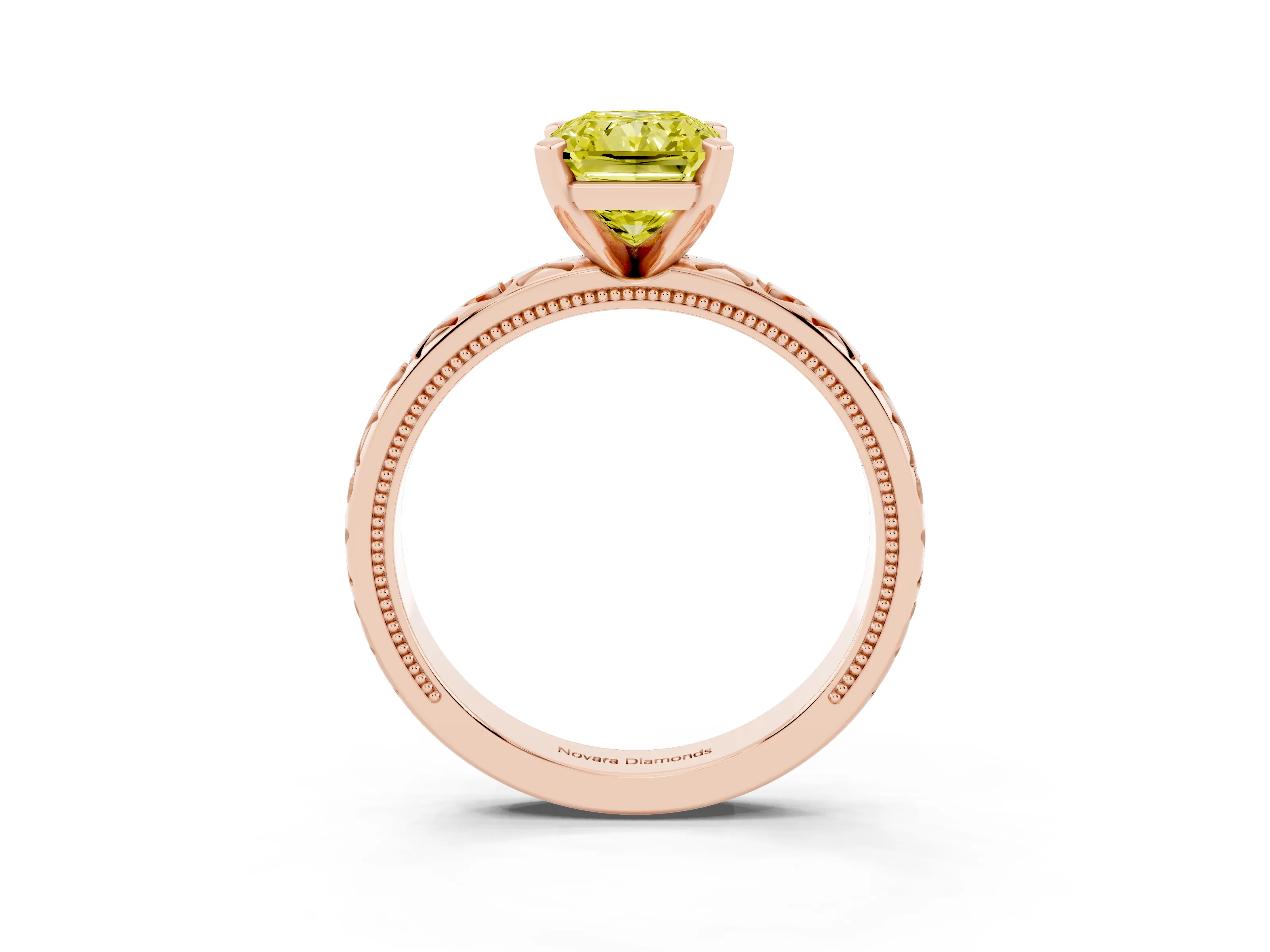 Fancy Yellow Radiant Cut Diamond Solitaire Engagement Ring Set in Rose gold with XO Engraved Band and Prong Setting