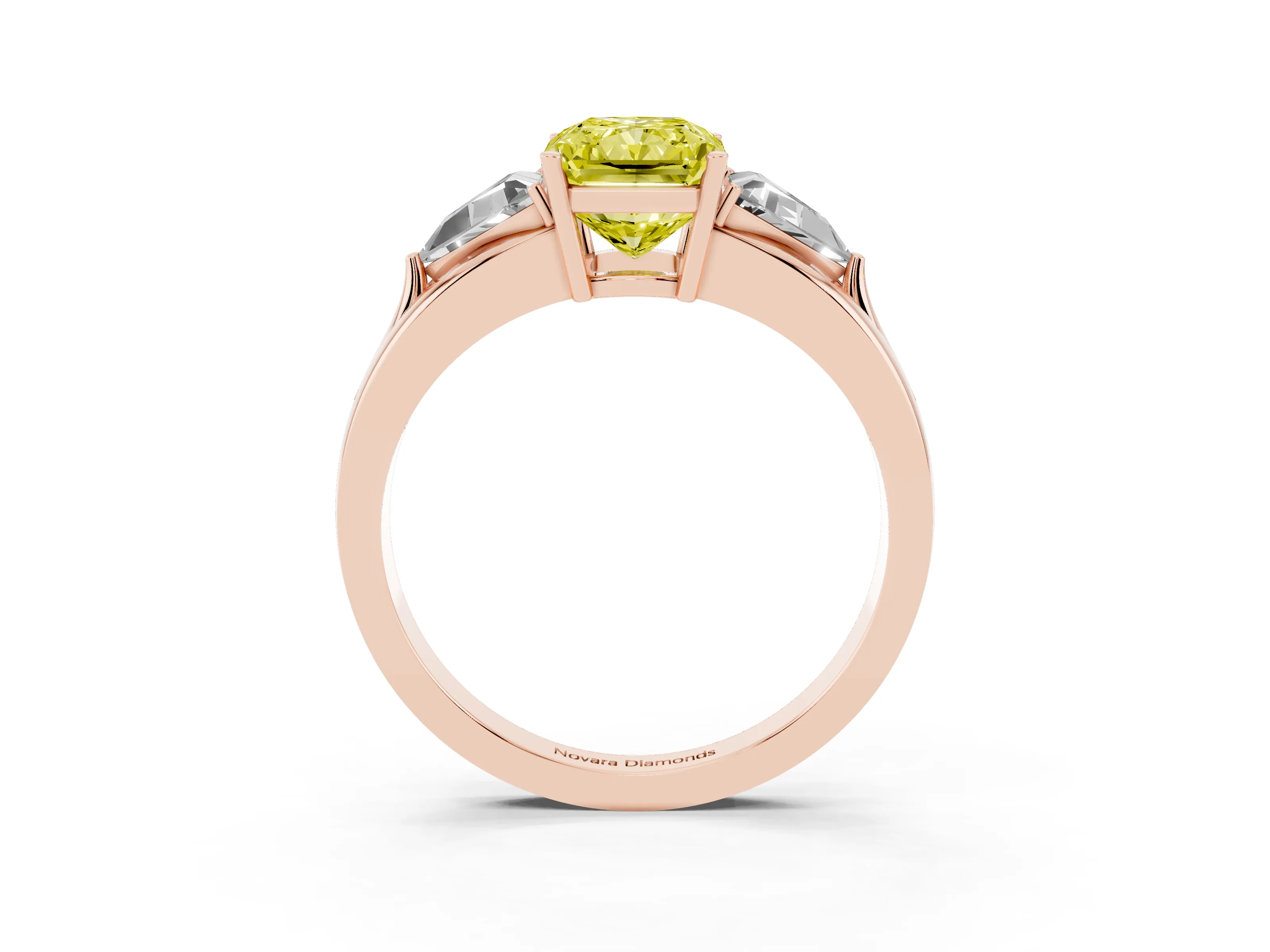 Fancy Yellow Radiant Cut Diamond Three-Stone Ring Set in Rose gold with Trillion Side Stones and Split Shank