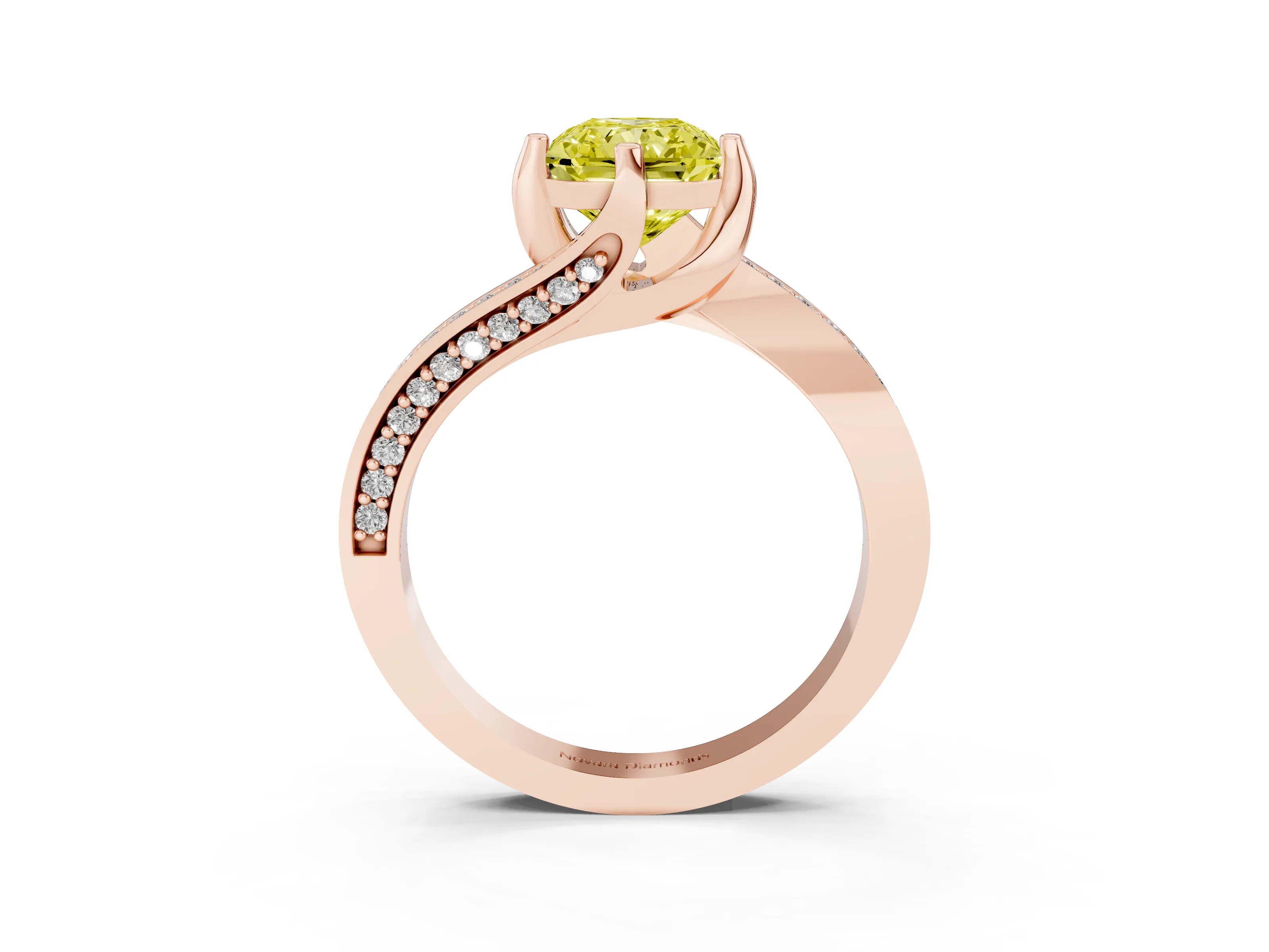 Fancy Yellow Radiant Cut Diamond Solitaire Ring Set in Rose gold with Intertwined Pavé Twist Band