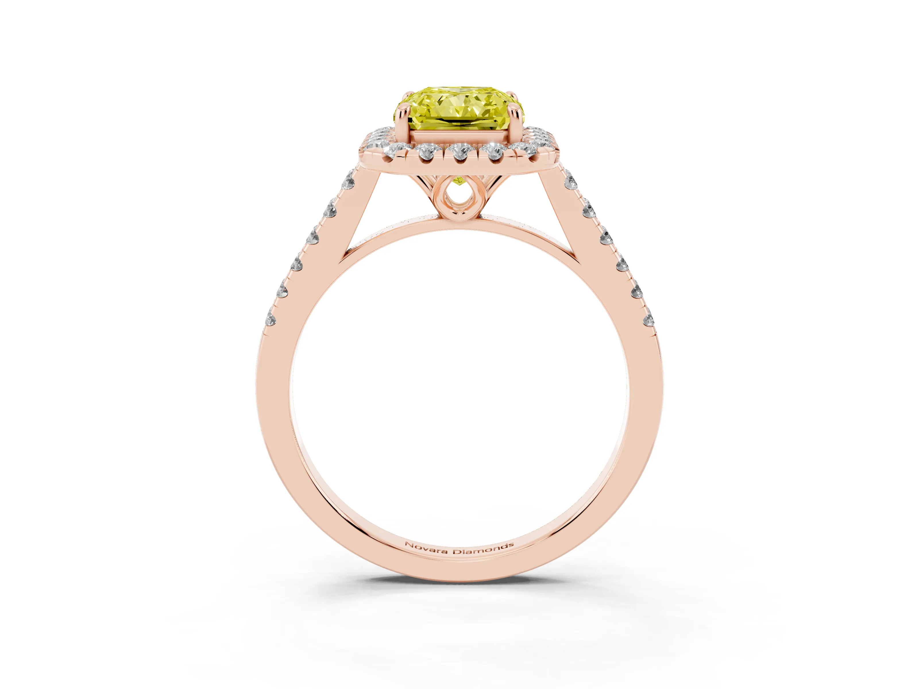 Fancy Yellow Radiant Cut Diamond Pavé Halo Engagement Ring Set in Rose gold with Pavé Band and Prong Setting