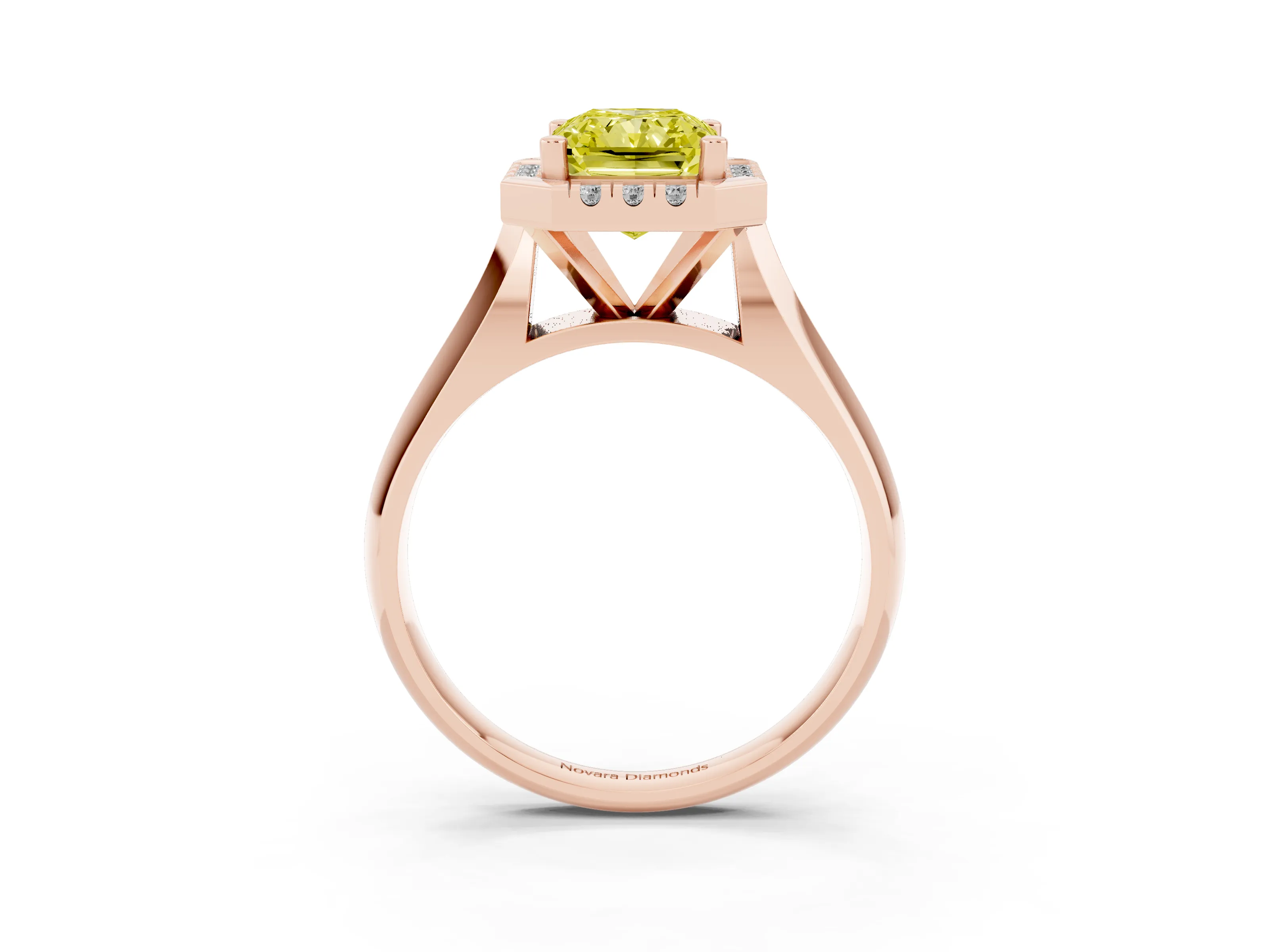 Fancy Yellow Radiant Cut Diamond Halo Solitaire Engagement Ring Set in Rose gold with Square Band and Prong Setting