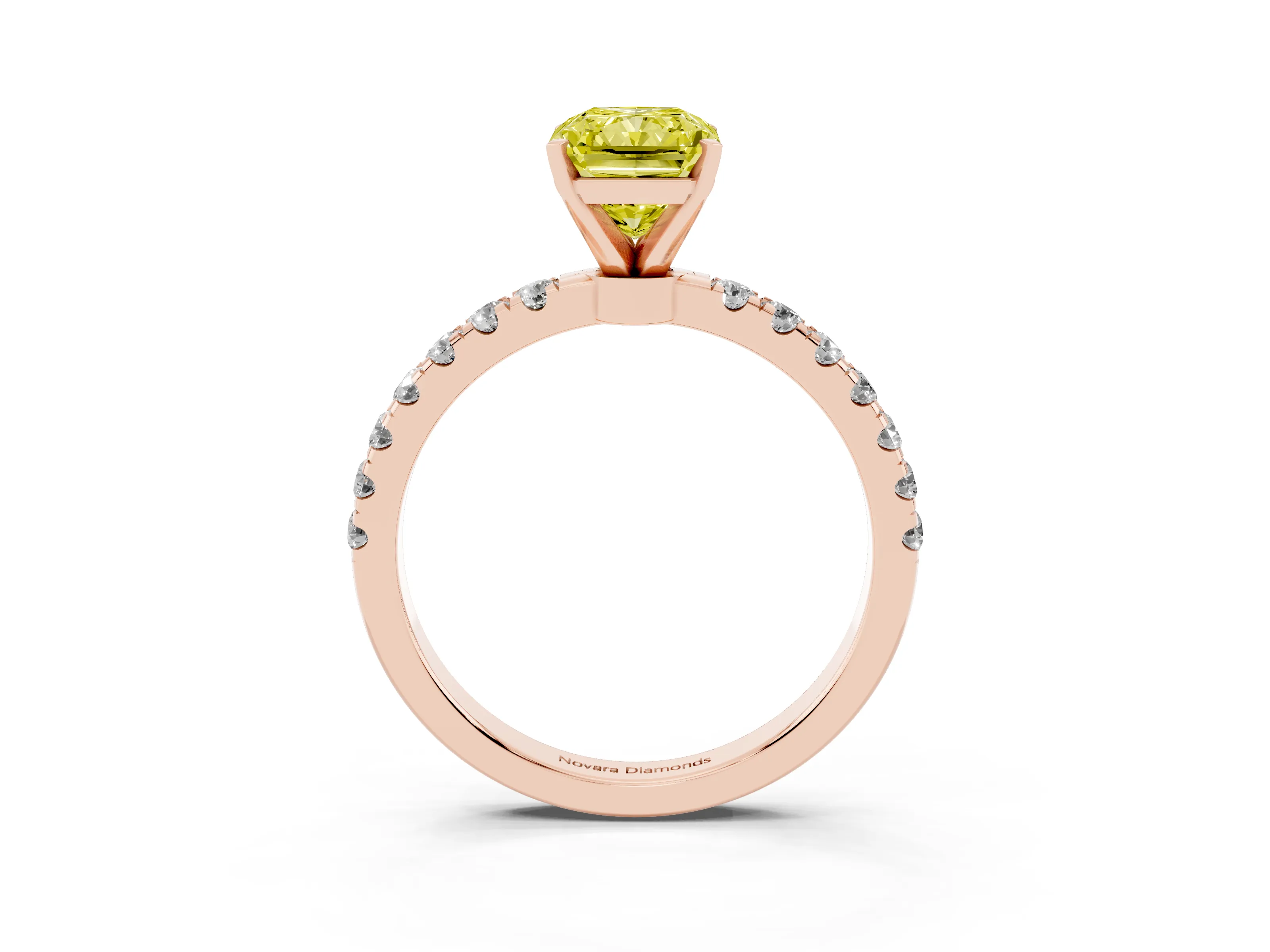 Fancy Yellow Radiant Cut Diamond Solitaire Ring Set in Rose gold with Pavé Accents and Prong Setting
