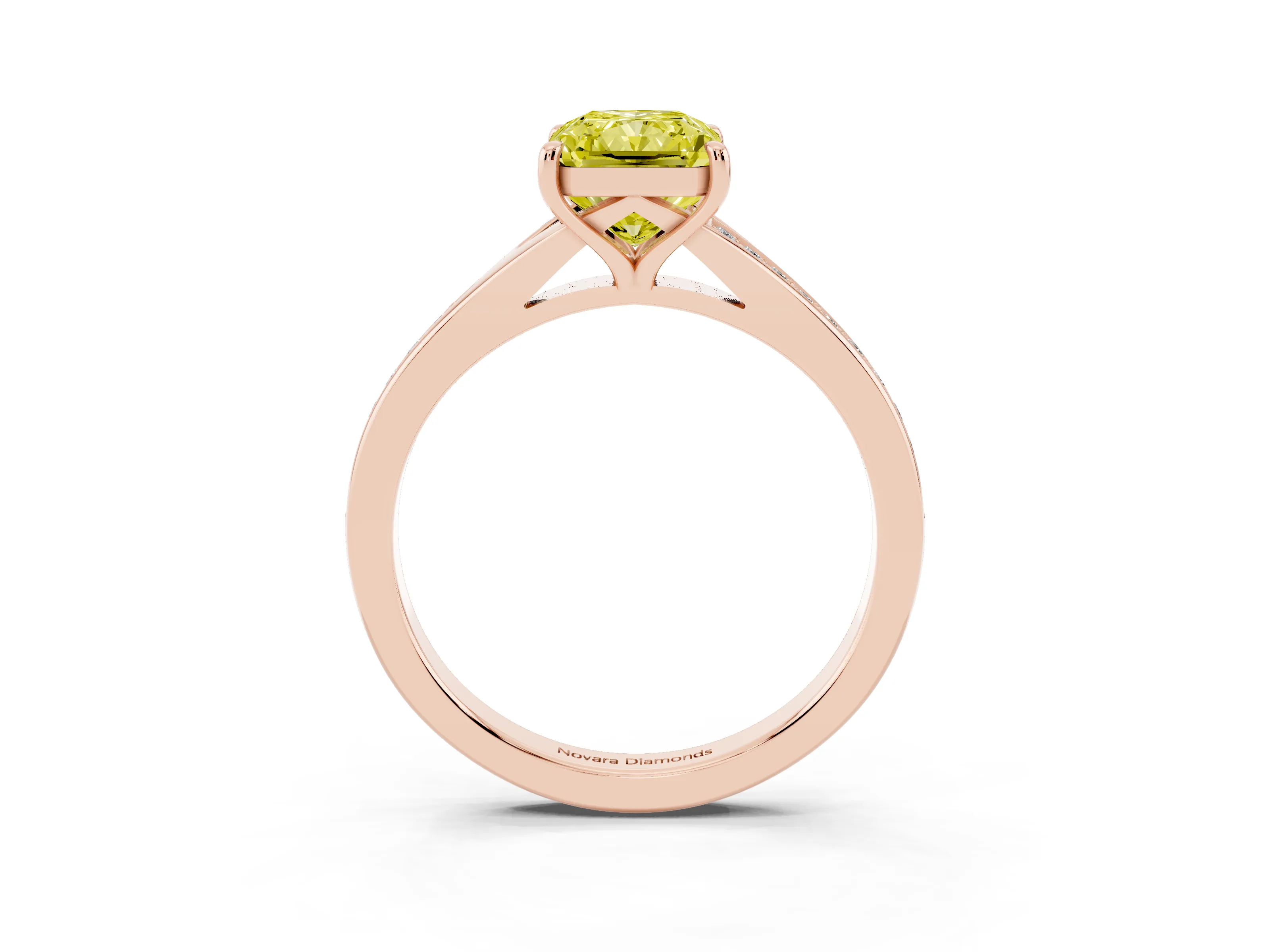 Fancy Yellow Radiant Cut Diamond Solitaire Ring Set in Rose gold with Pavé Accent Band and Classic Prong Setting