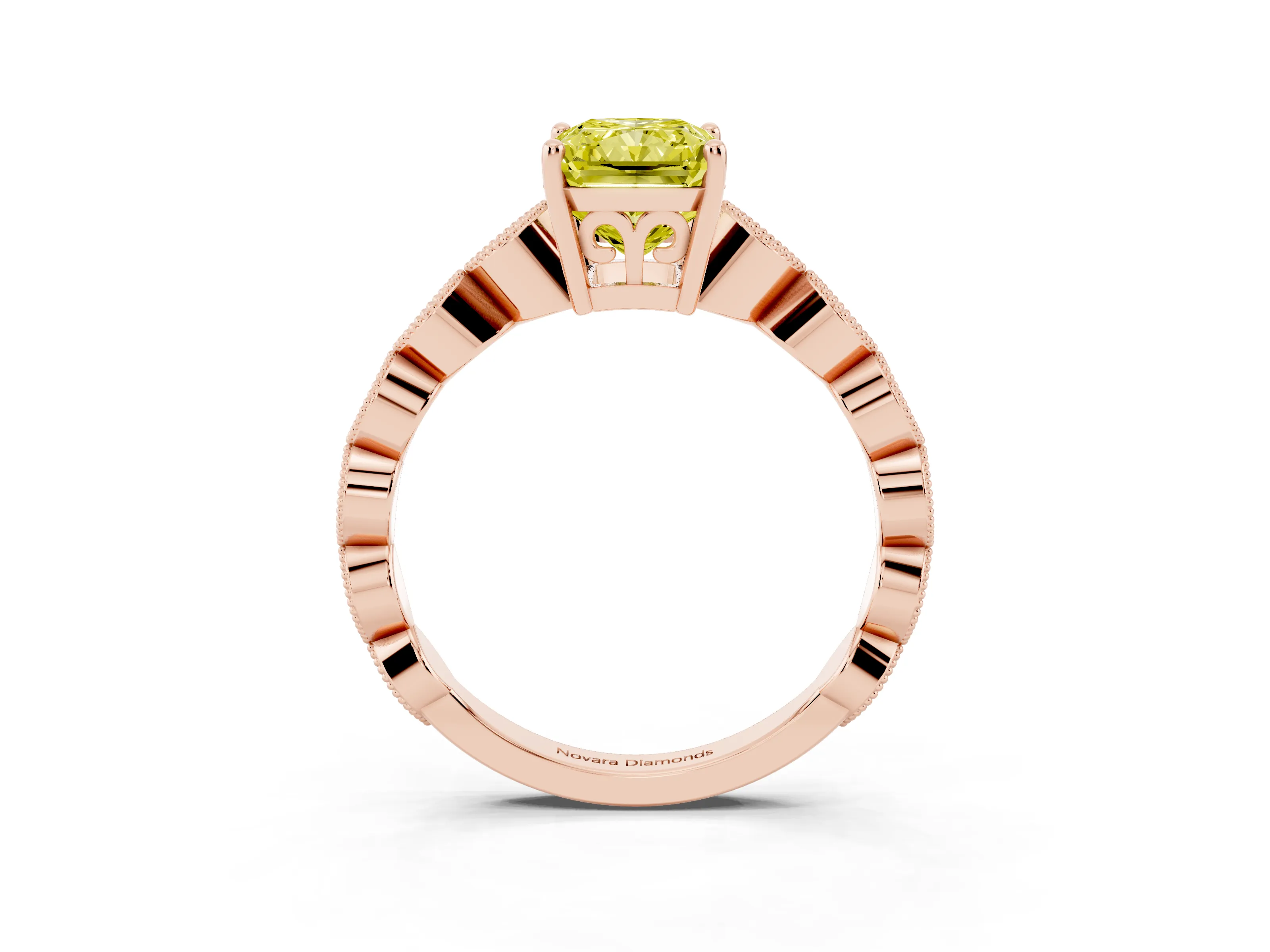 Fancy Yellow Radiant Cut Diamond Solitaire Ring Set in Rose gold with Infinity Twist Pavé Band