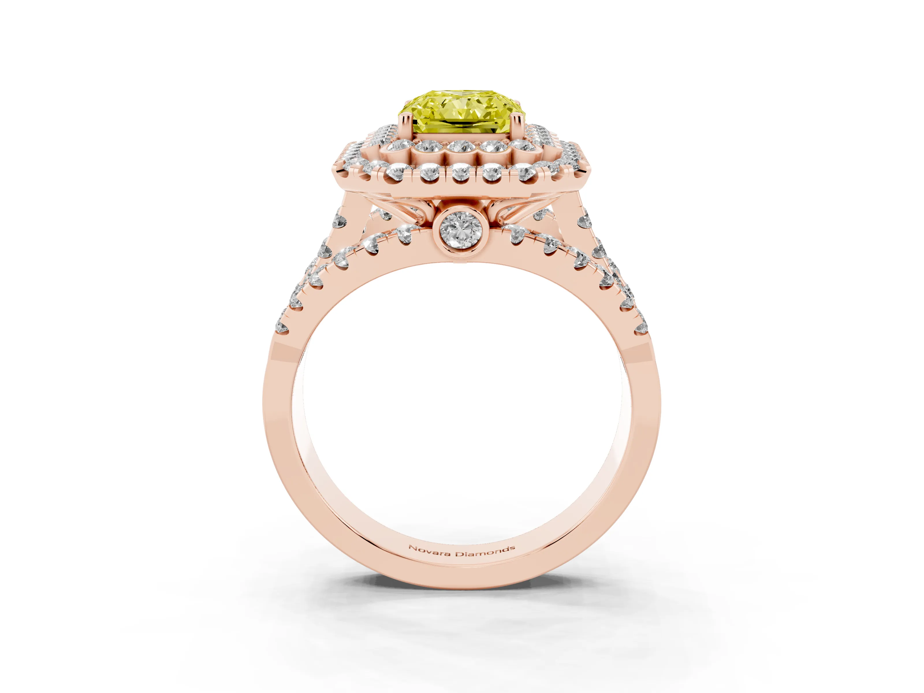 Fancy Yellow Radiant Cut Diamond Double Halo Ring Set in Rose gold with Round Pavé Split Shank