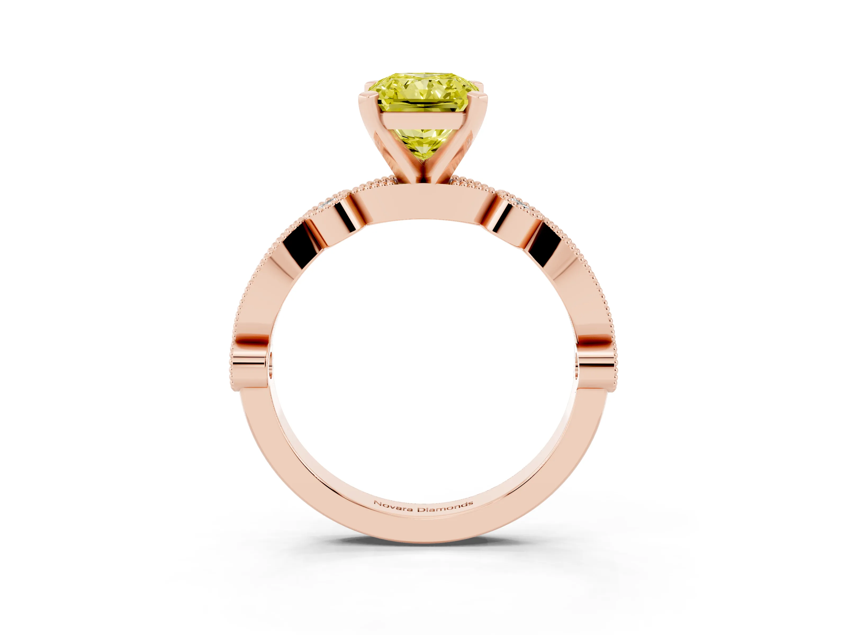 Fancy Yellow Radiant Cut Diamond Solitaire Engagement Ring Set in Rose gold with Milgrain Bezel Accent Band