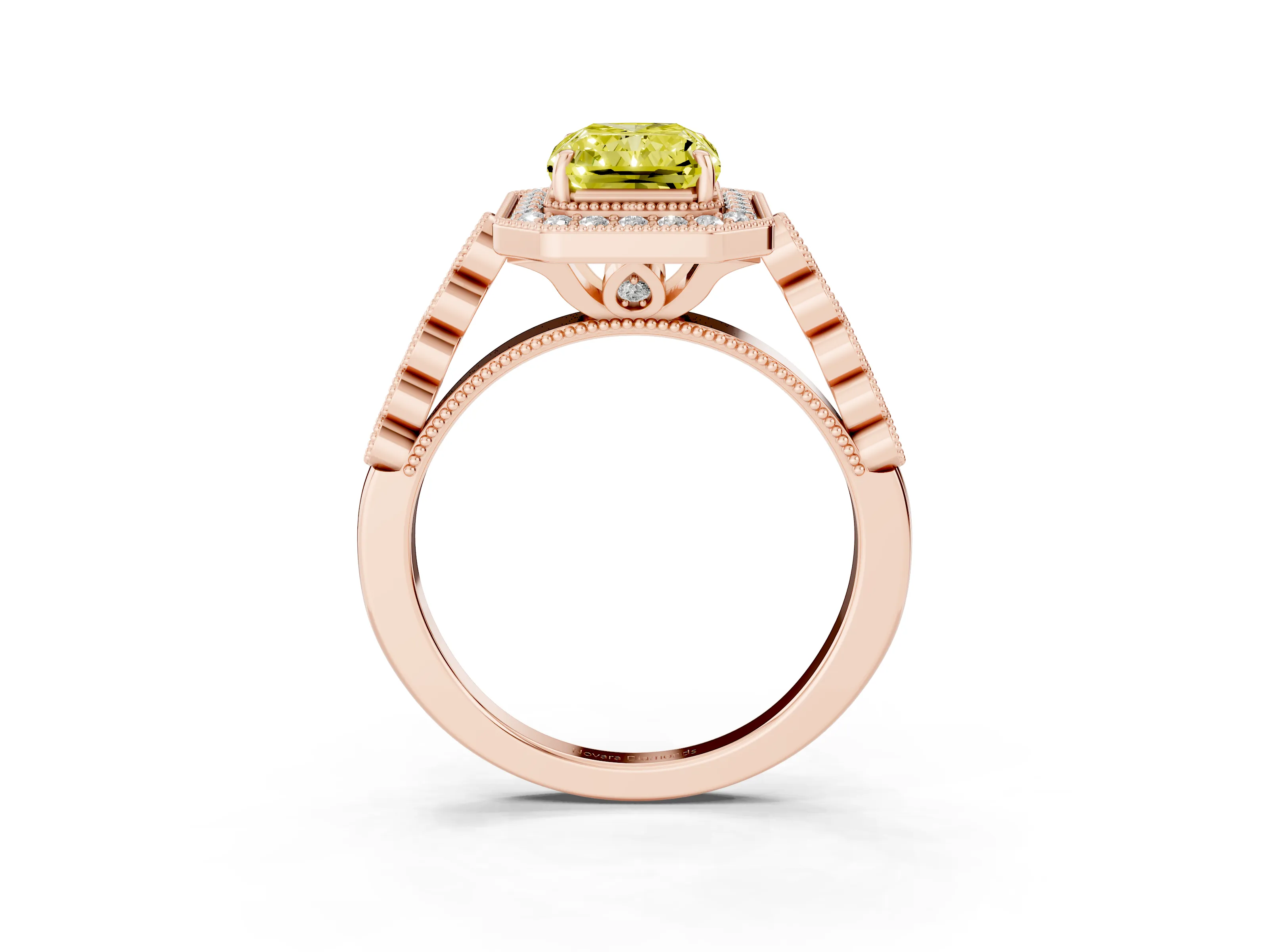 Fancy Yellow Radiant Cut Diamond Milgrain Halo Solitaire Ring Set in Rose gold with Bezel Set Side Stones and Pavé Band