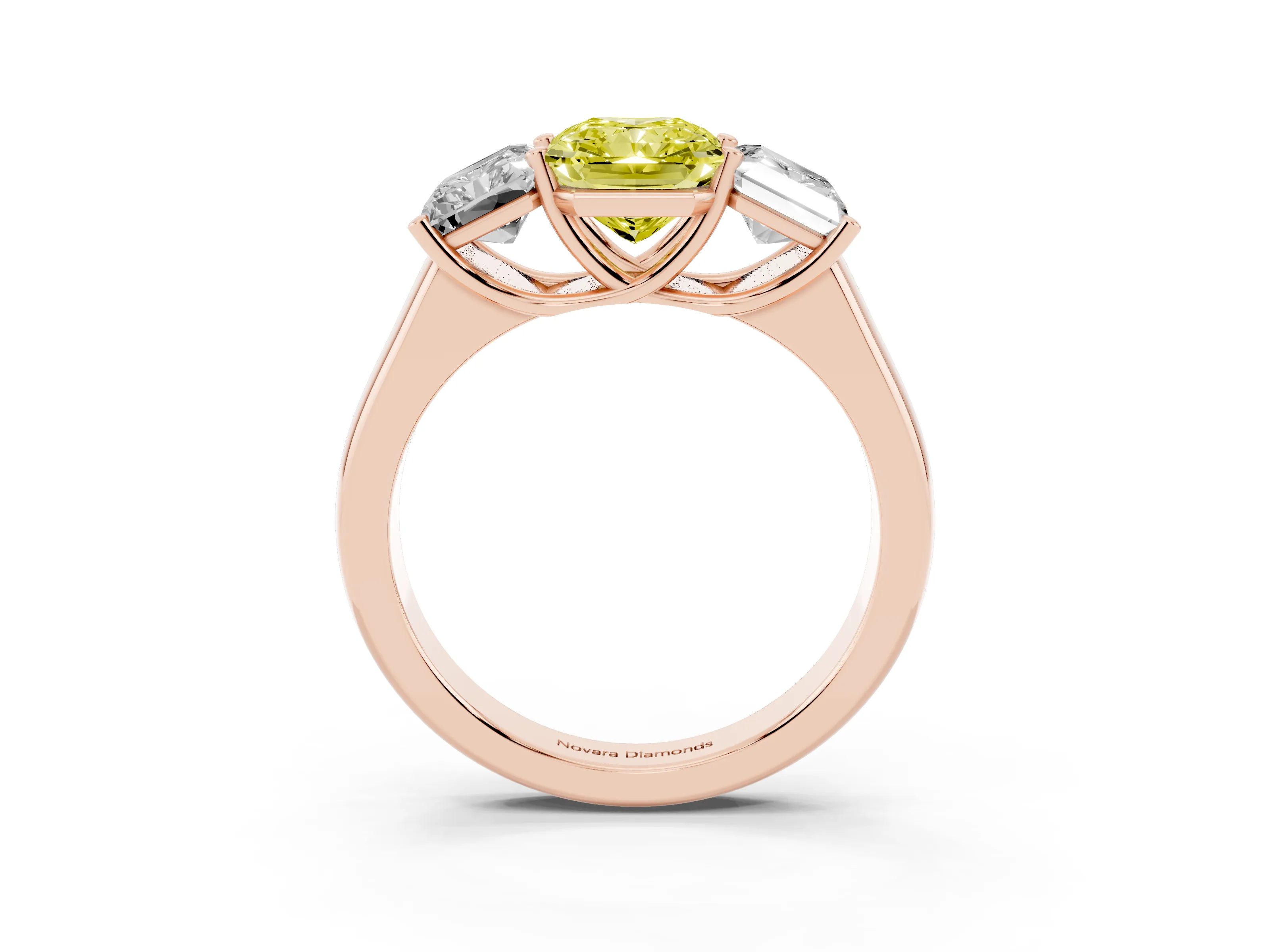 Fancy Yellow Radiant Cut Diamond Three-Stone Ring Set in Rose gold with Plain Polished Band
