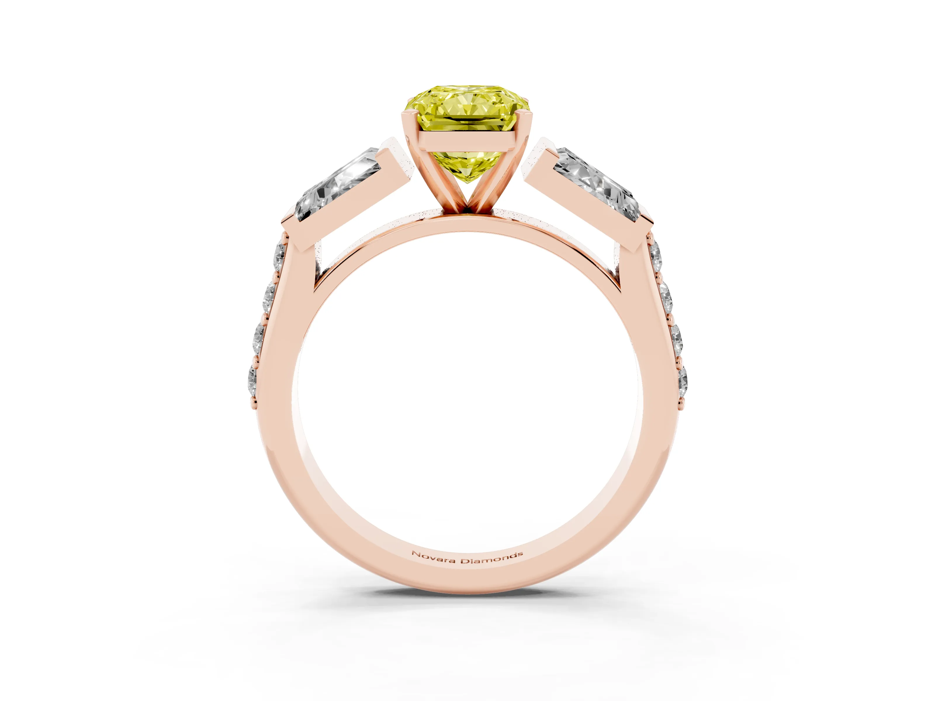 Fancy Yellow Radiant Cut Diamond Engagement Ring Set in Rose gold with Baguette Side Stones and Channel Set Band