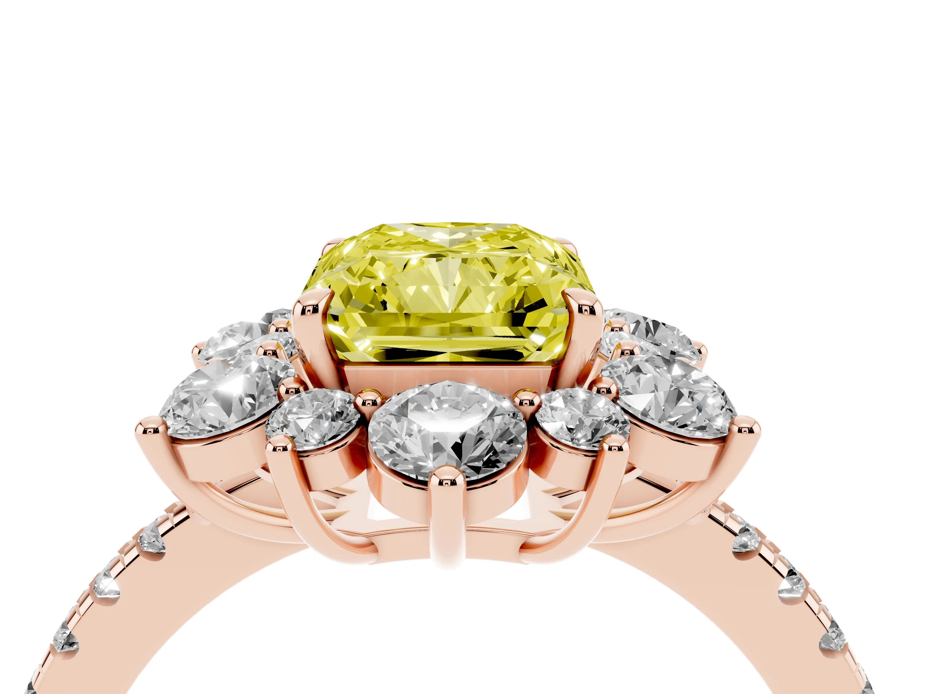 Fancy Yellow Radiant Cut Diamond Floral Halo Ring Set in Rose gold with Round Pavé Band and Prong Setting