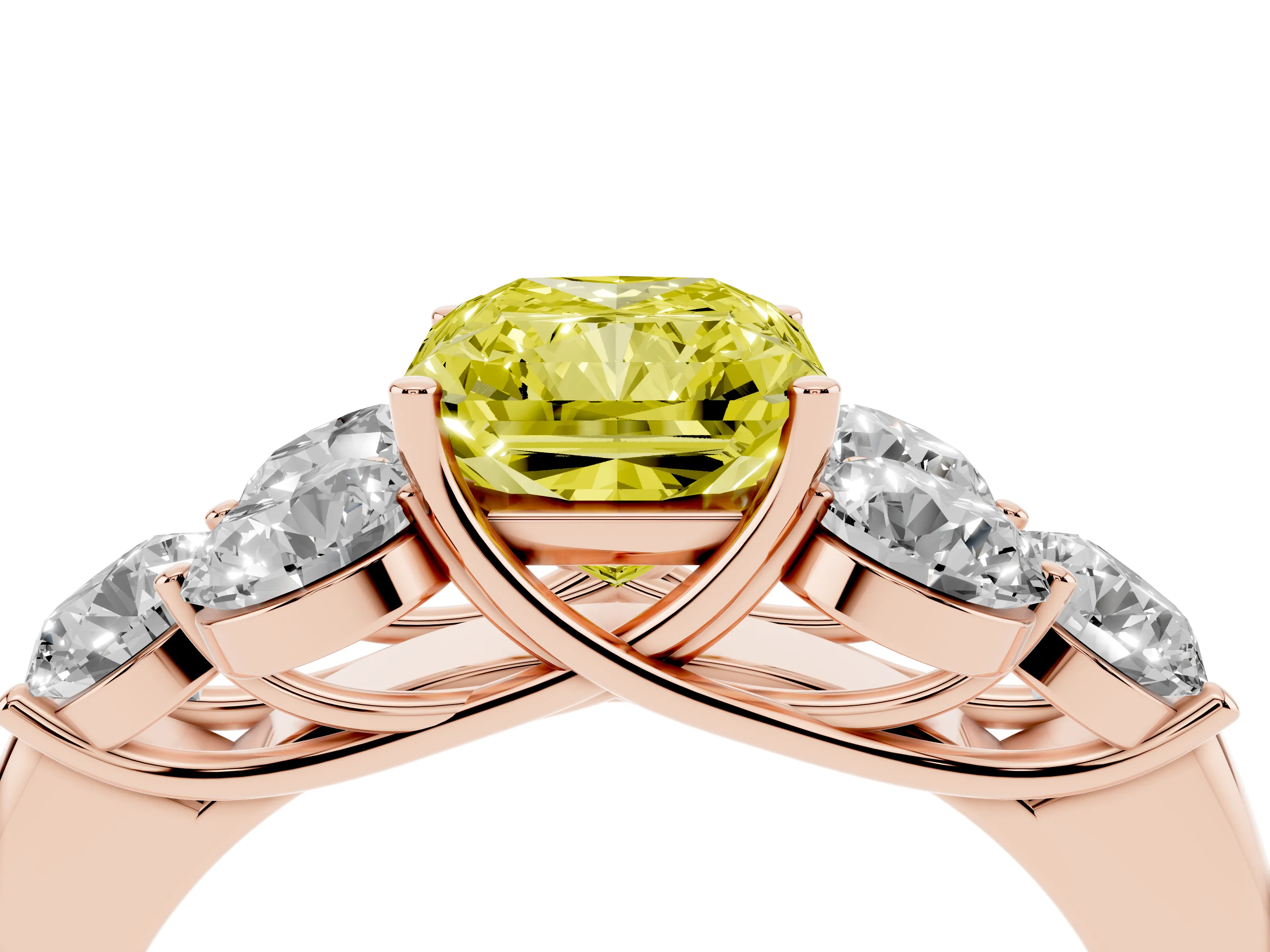 Fancy Yellow Radiant Cut Diamond Cluster Ring Set in Rose gold with Round Accent Stones and Prong Setting on a Plain Band