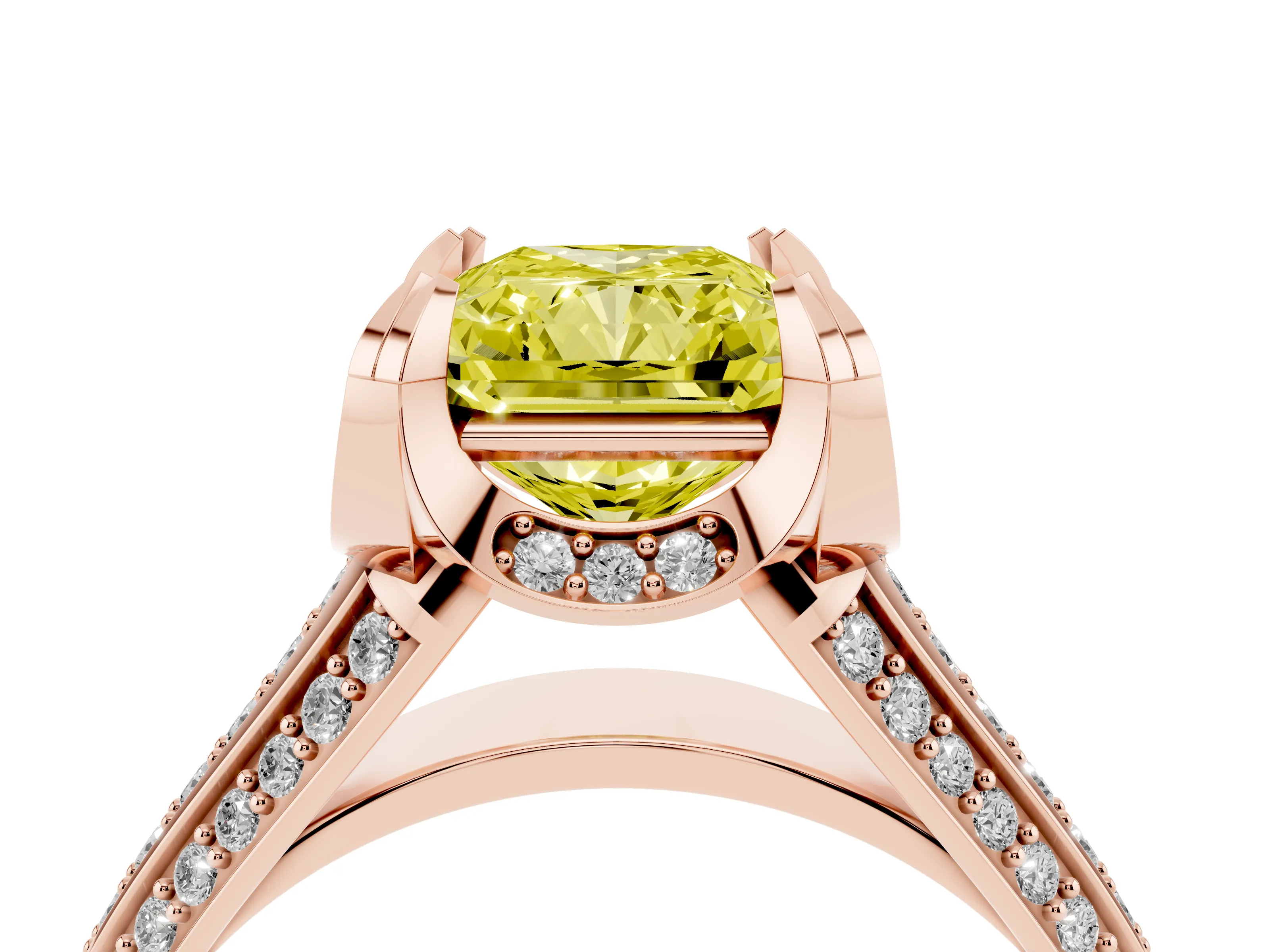 Fancy Yellow Radiant Cut Diamond Pavé Split Shank Solitaire Ring Set in Rose gold with Prong Setting