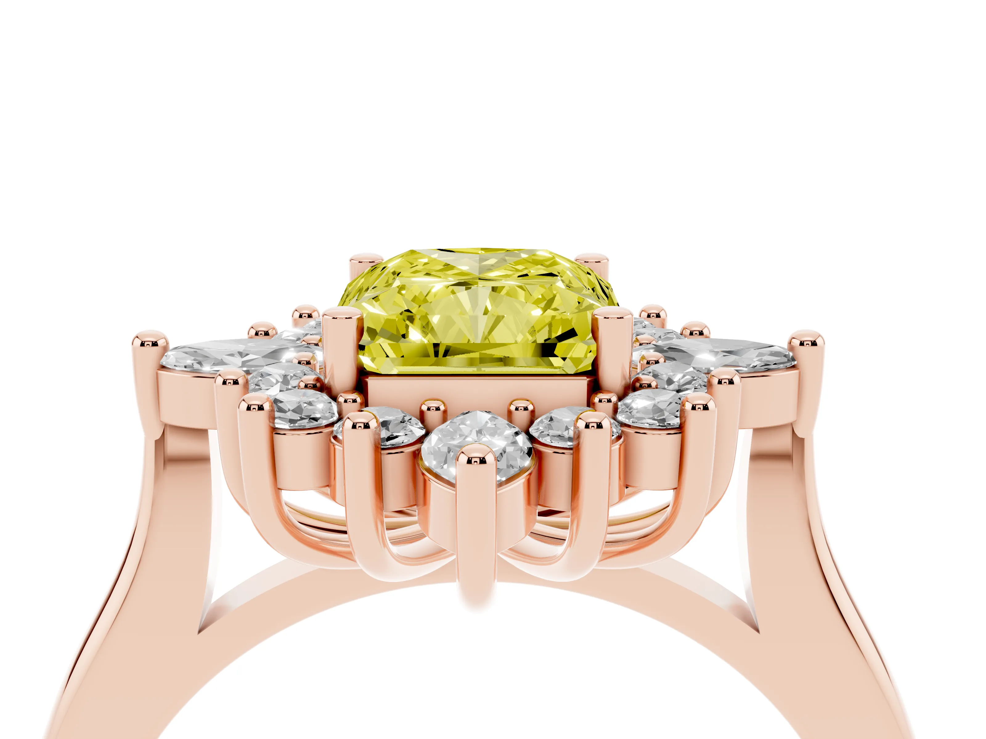 Fancy Yellow Radiant Cut Diamond Cluster Halo Ring Set in Rose gold with Marquise and Round Accents