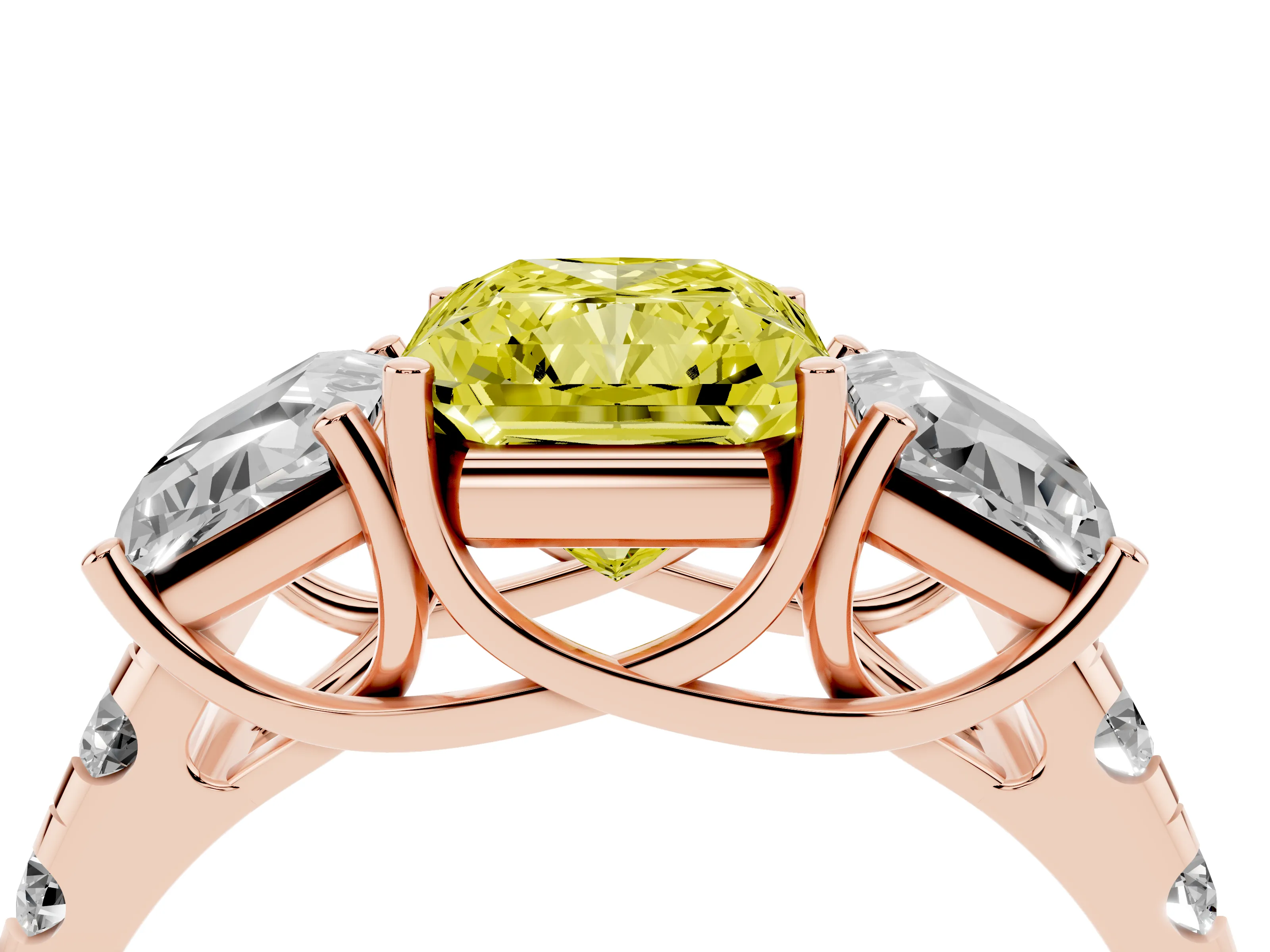 Fancy Yellow Radiant Cut Diamond Three-Stone Ring Set in Rose gold with Pavé Band