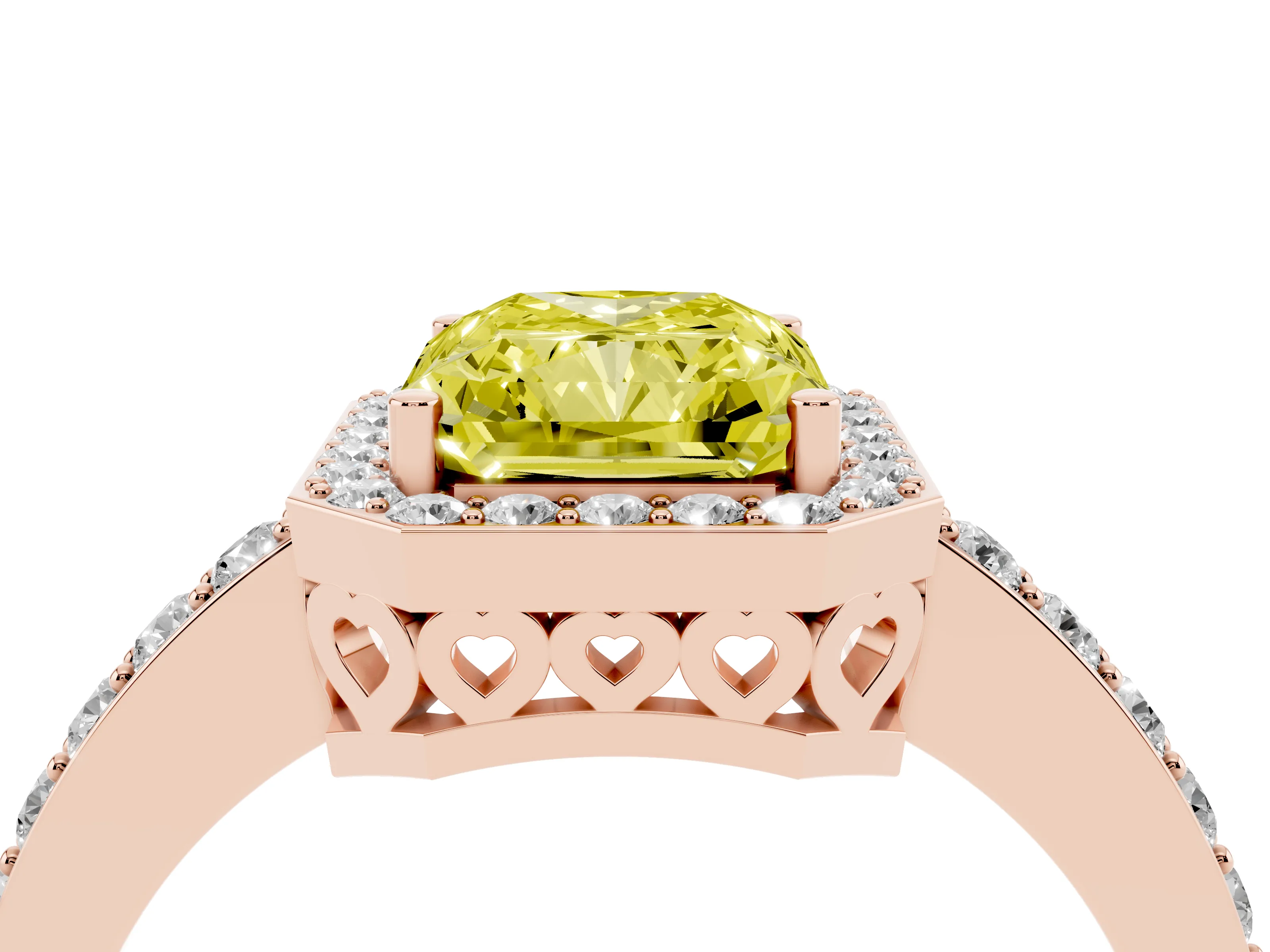Fancy Yellow Radiant Cut Diamond Halo Ring Set in Rose gold with Pavé-Setting Band and Open Prong Center