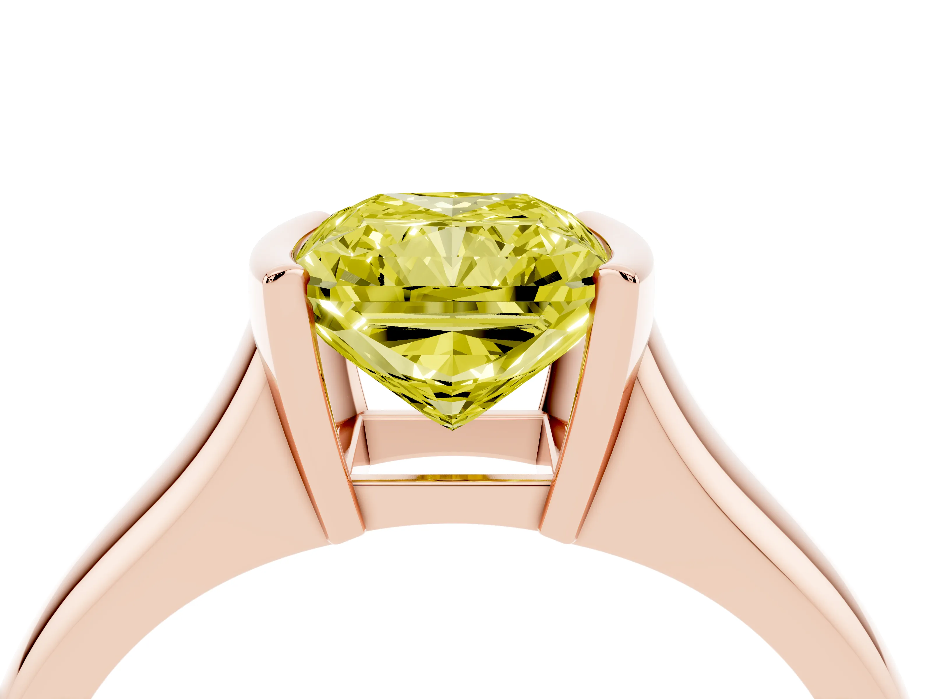 Fancy Yellow Radiant Cut Diamond Solitaire Tension Set Ring Set in Rose gold with Split Shank Band