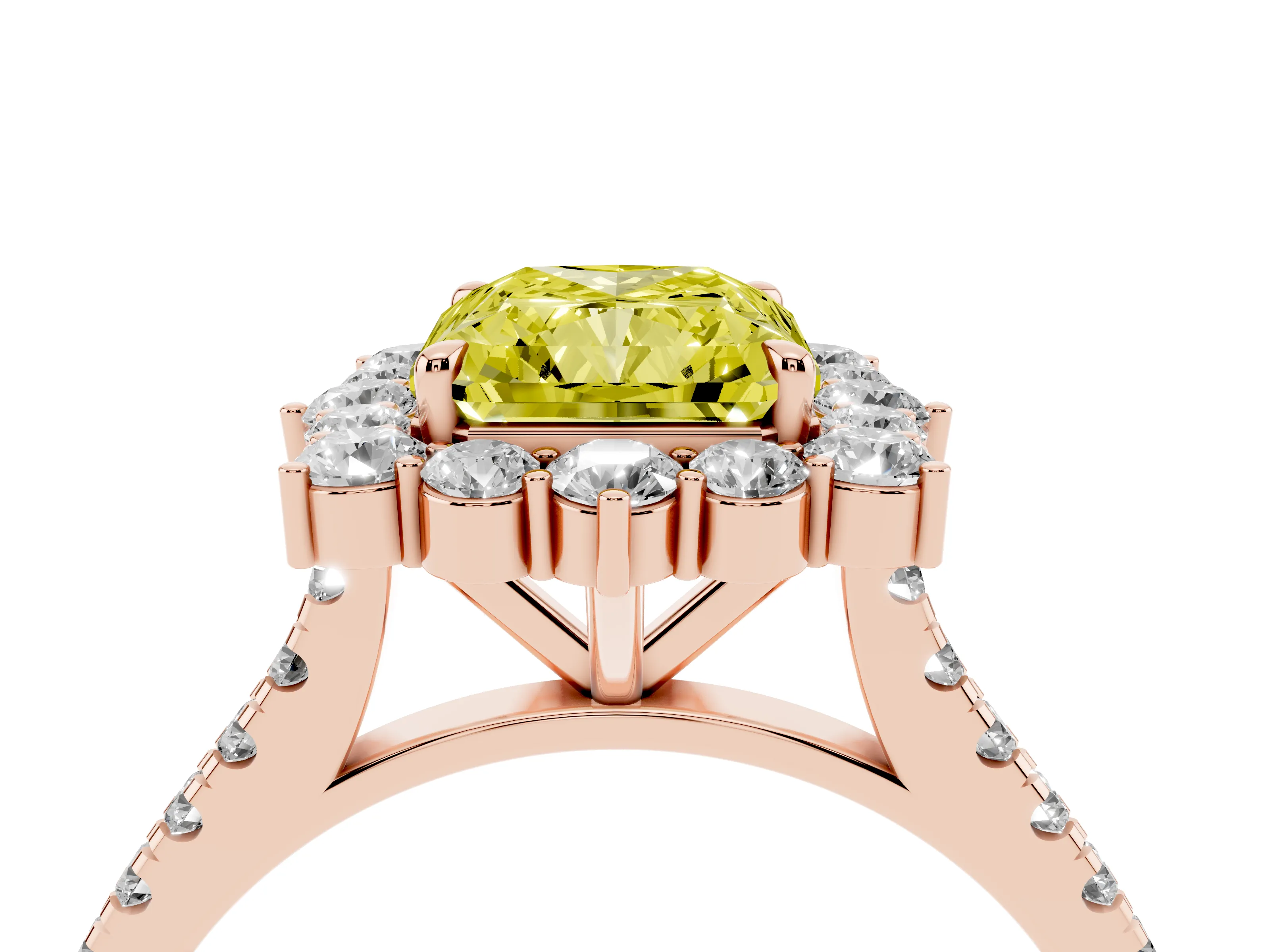 Fancy Yellow Radiant Cut Diamond Halo Ring Set in Rose gold with Pavé Band and Prong Setting