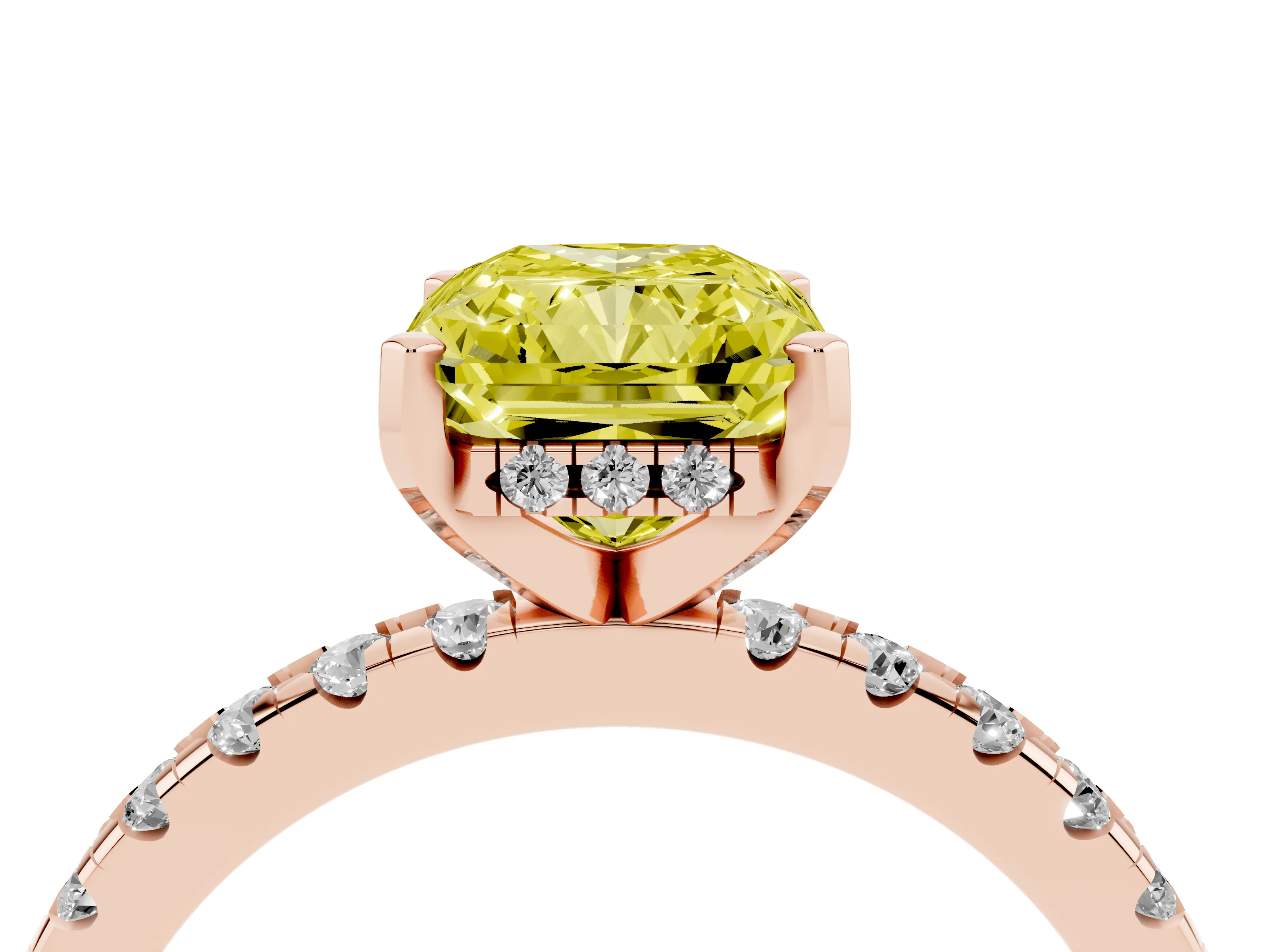 Fancy Yellow Radiant Cut Diamond Pavé Solitaire Ring Set in Rose gold with Round Band Accents and Prong Setting