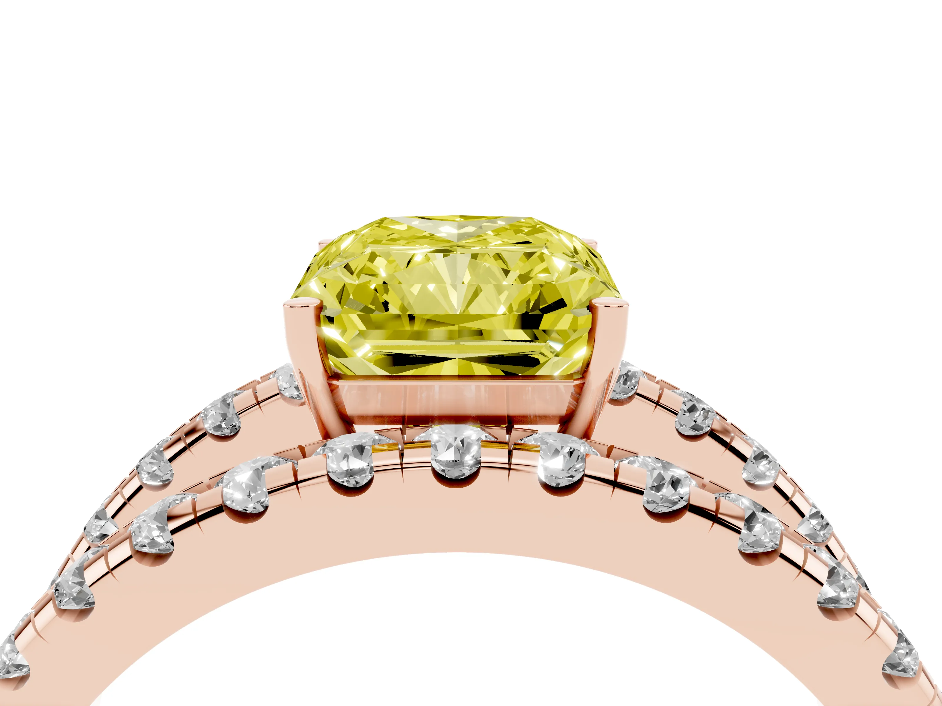 Fancy Yellow Radiant Cut Diamond Split Shank Pavé Solitaire Ring Set in Rose gold with Open Shank Design