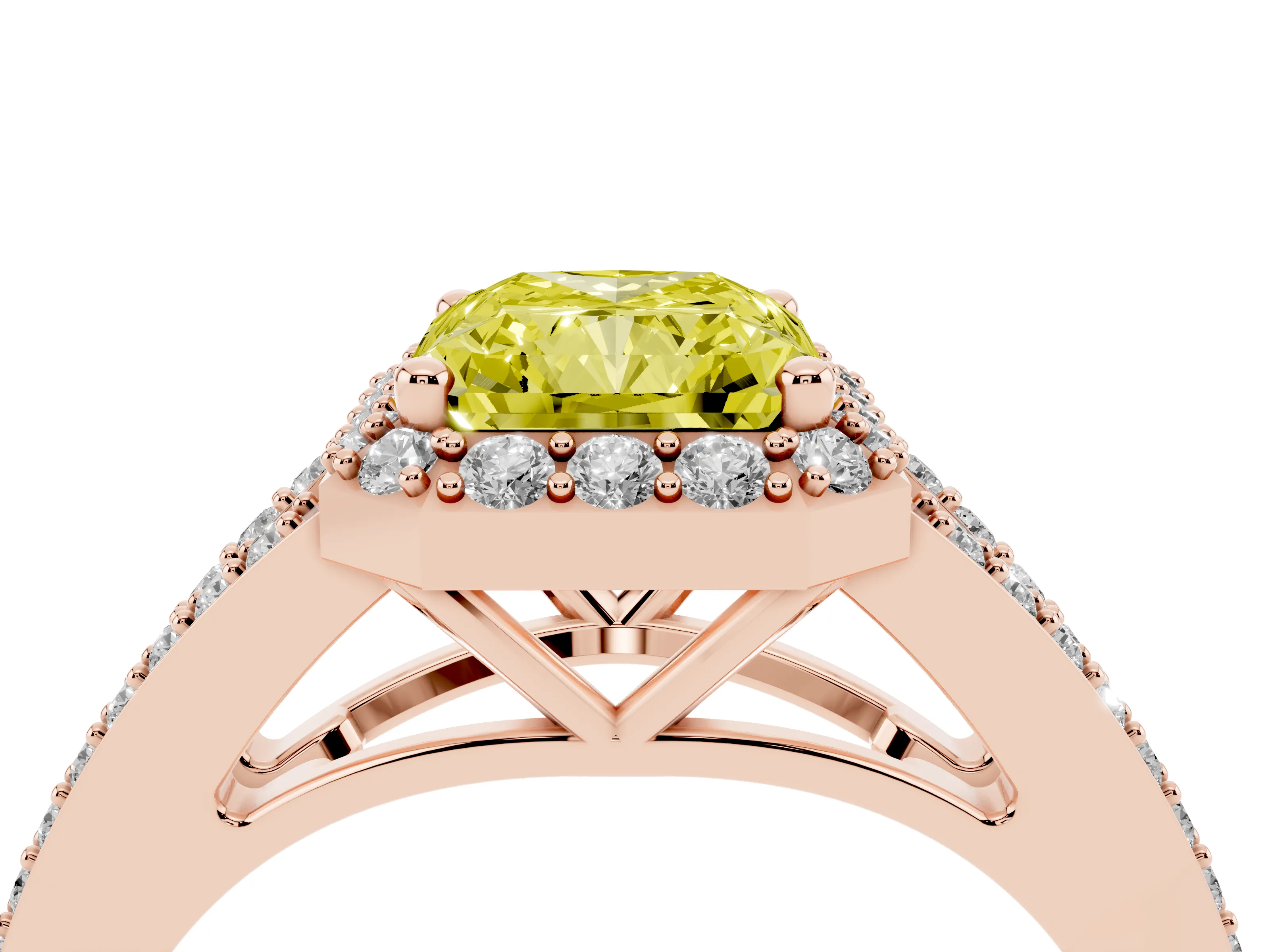 Fancy Yellow Radiant Cut Diamond Halo Split Shank Pavé Ring Set in Rose gold with Prong Setting