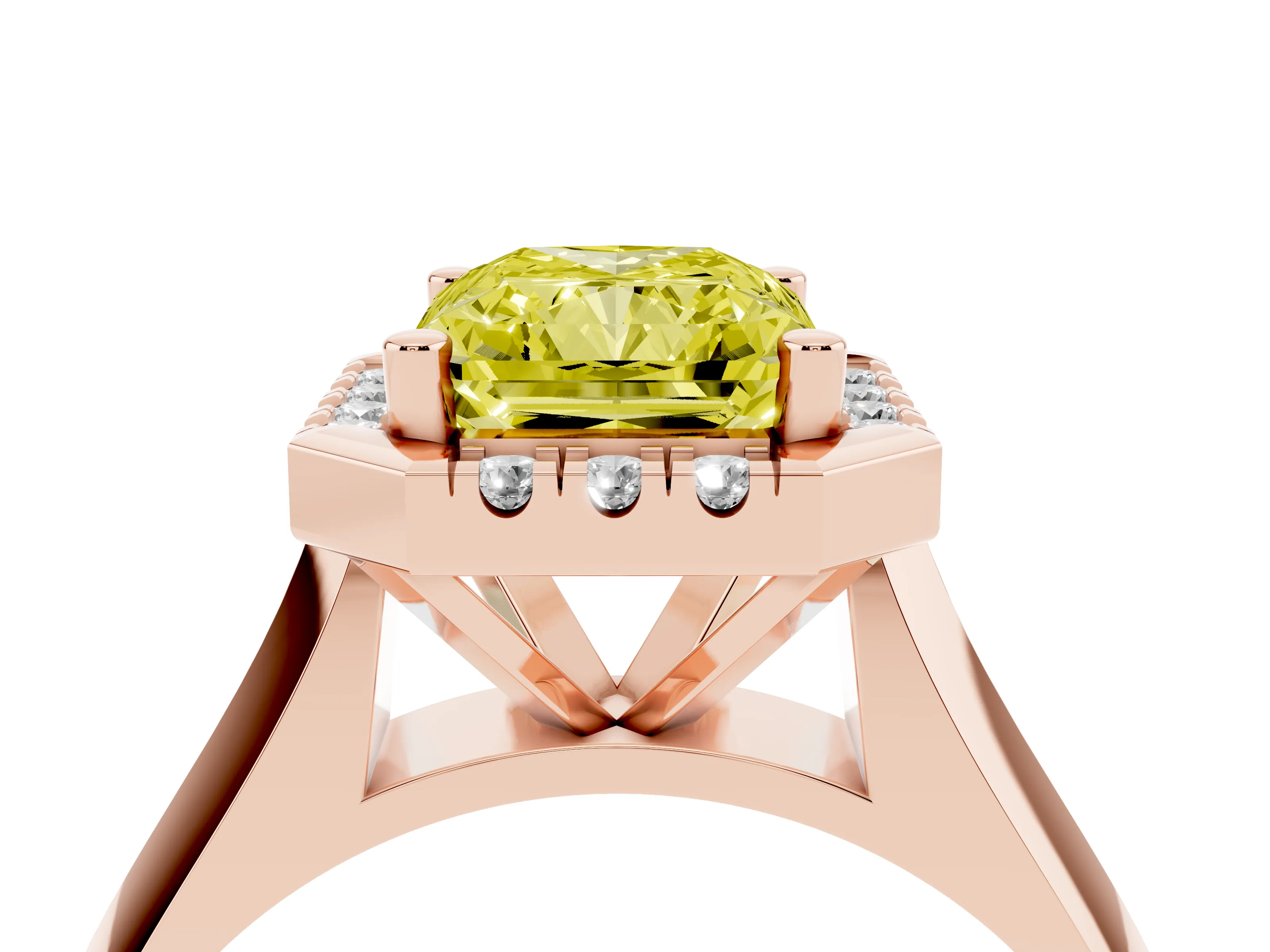 Fancy Yellow Radiant Cut Diamond Halo Solitaire Engagement Ring Set in Rose gold with Square Band and Prong Setting