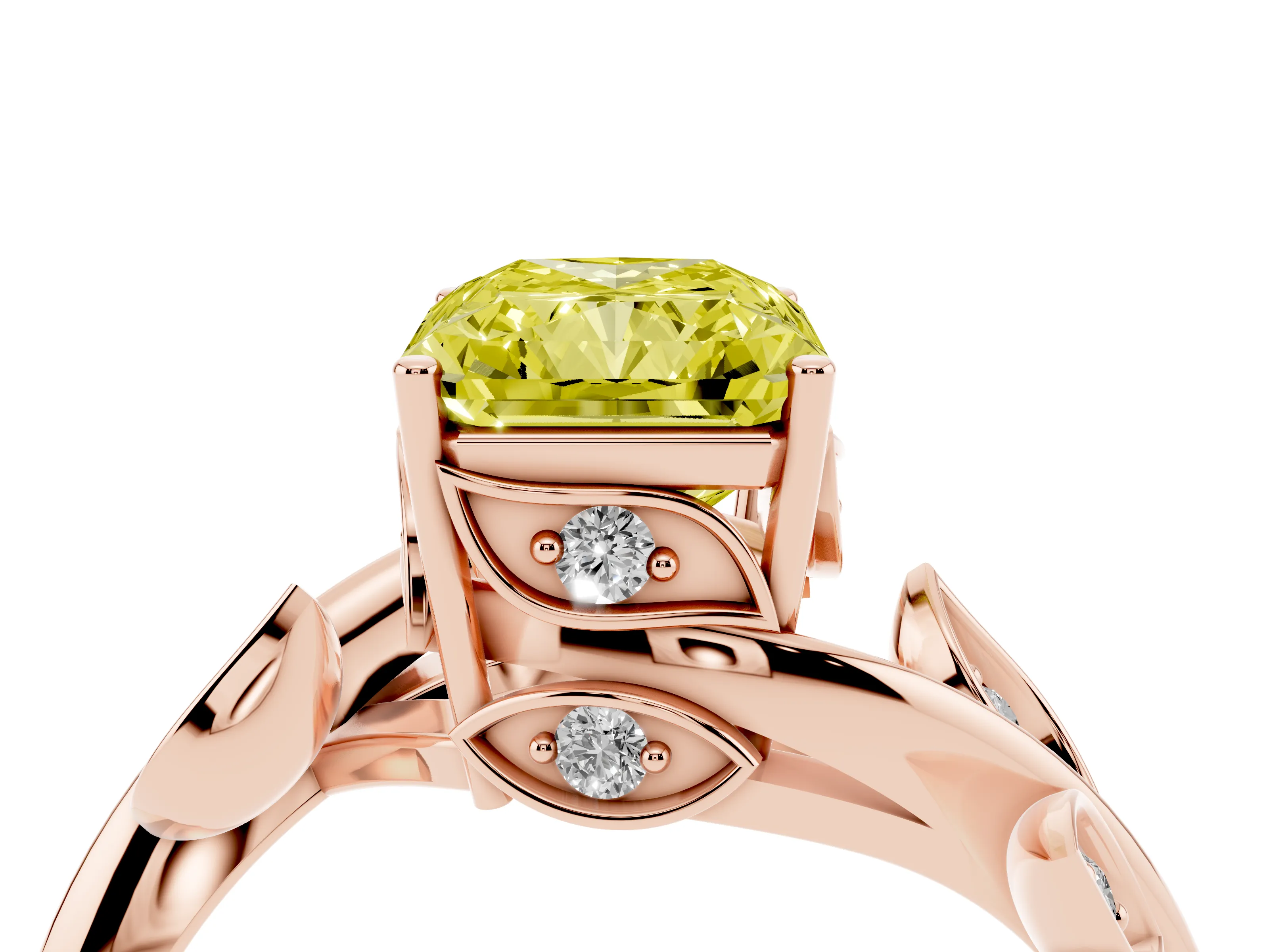 Fancy Yellow Radiant Cut Diamond Solitaire Twist Engagement Ring Set in Rose gold with Pavé Leaf Accents