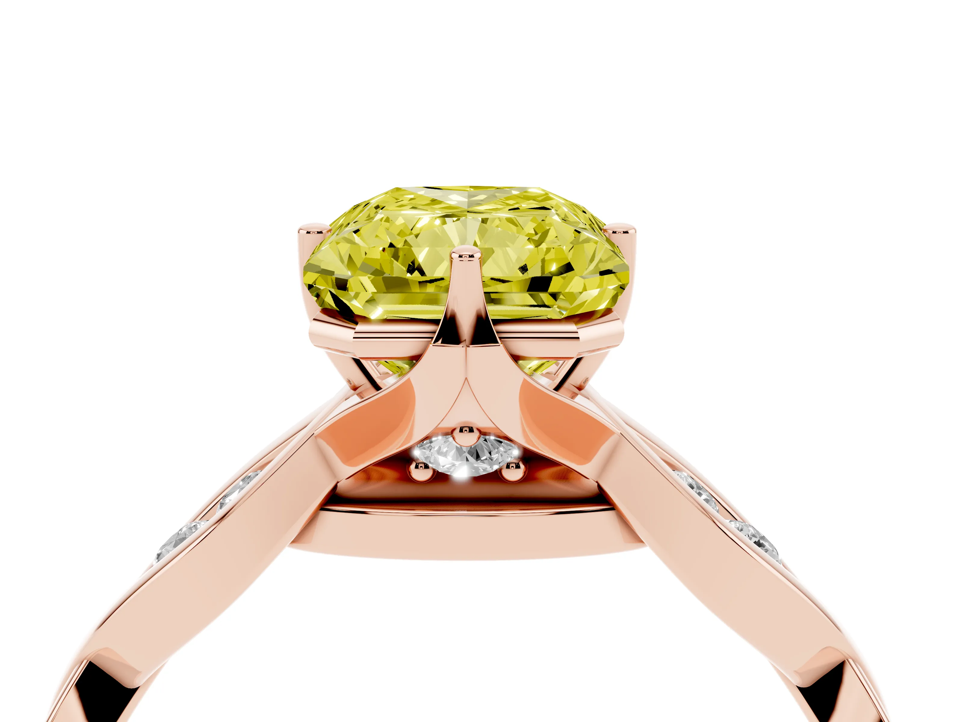 Fancy Yellow Radiant Cut Diamond Twist Band Solitaire Ring Set in Rose gold with Leaf Prong Setting and Accent Stones