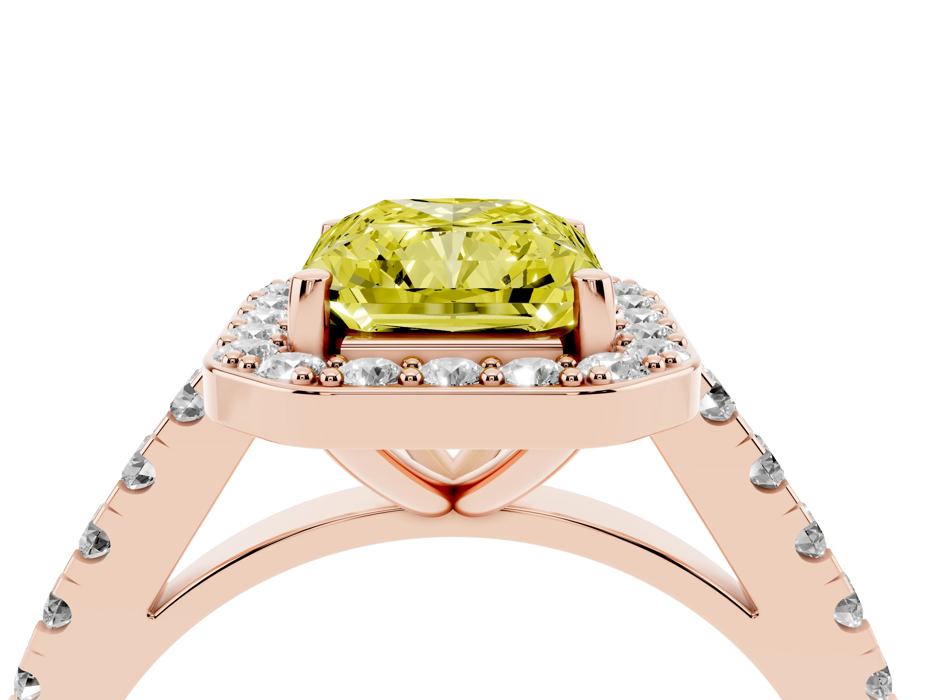 Fancy Yellow Radiant Cut Diamond Halo Ring Set in Rose gold with Round Pavé Split Shank and Prong Setting