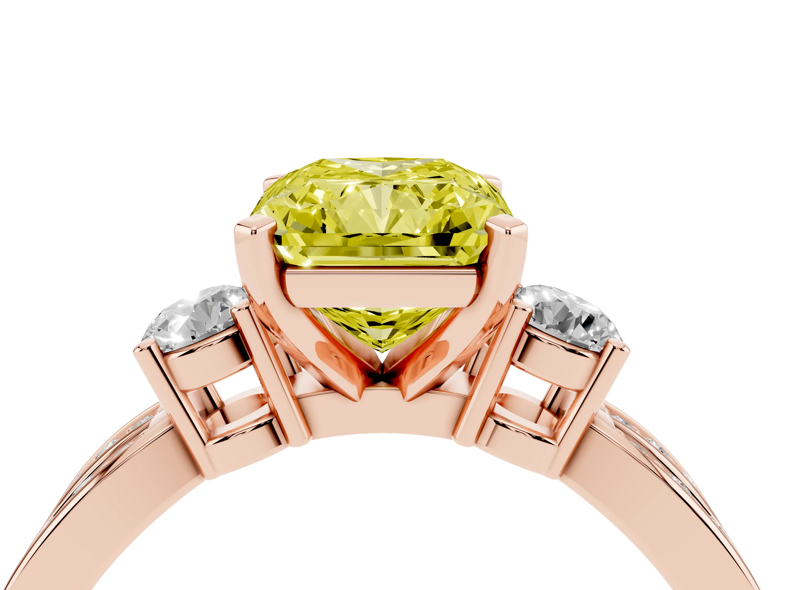Fancy Yellow Three-Stone Radiant Cut Diamond Twist Band Ring Set in Rose gold with Pavé Accents and Prong Setting