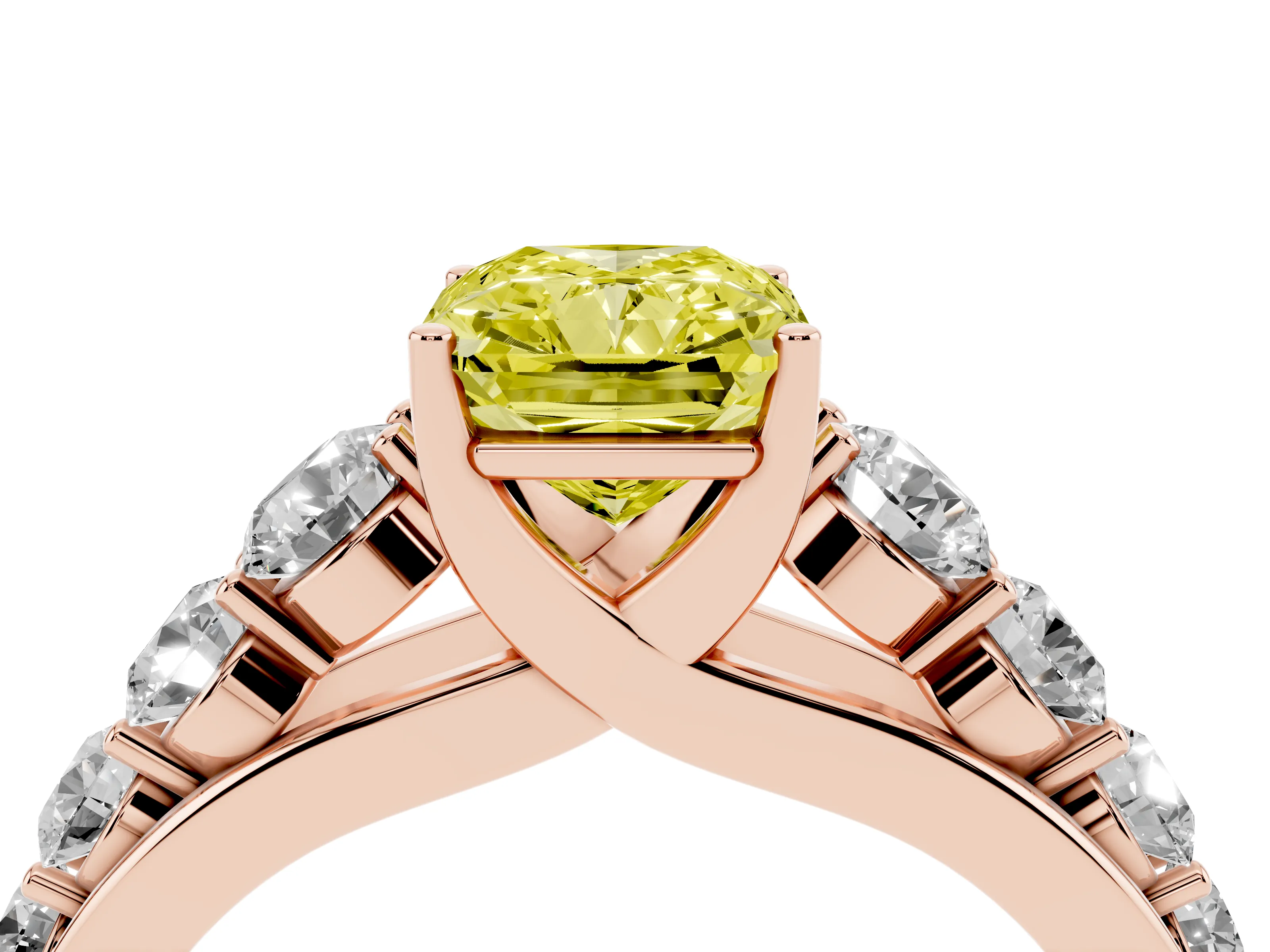 Fancy Yellow Radiant Cut Diamond Solitaire Ring Set in Rose gold with Pavé-Set Band and Prong Setting