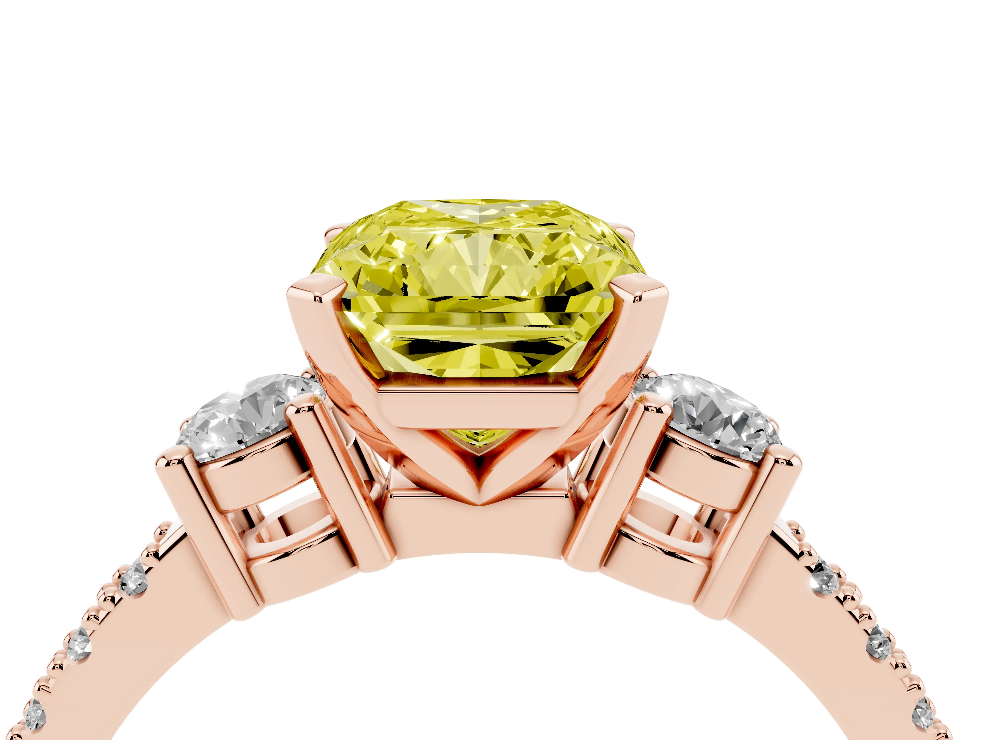 Fancy Yellow Three-Stone Radiant Cut Diamond Pavé Band Ring Set in Rose gold with Prong Setting