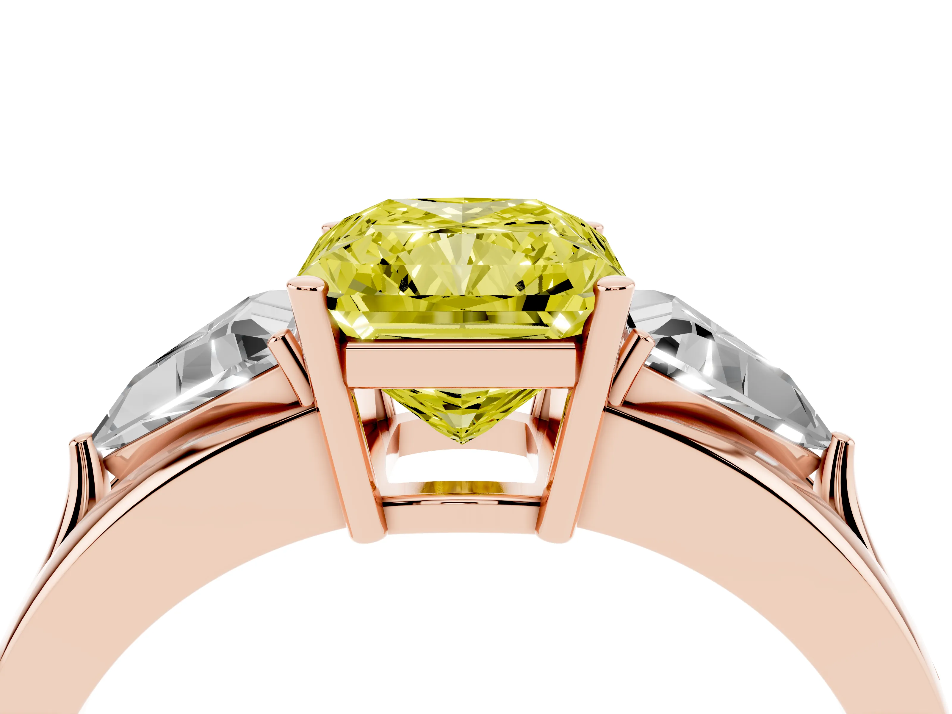 Fancy Yellow Radiant Cut Diamond Three-Stone Ring Set in Rose gold with Trillion Side Stones and Split Shank