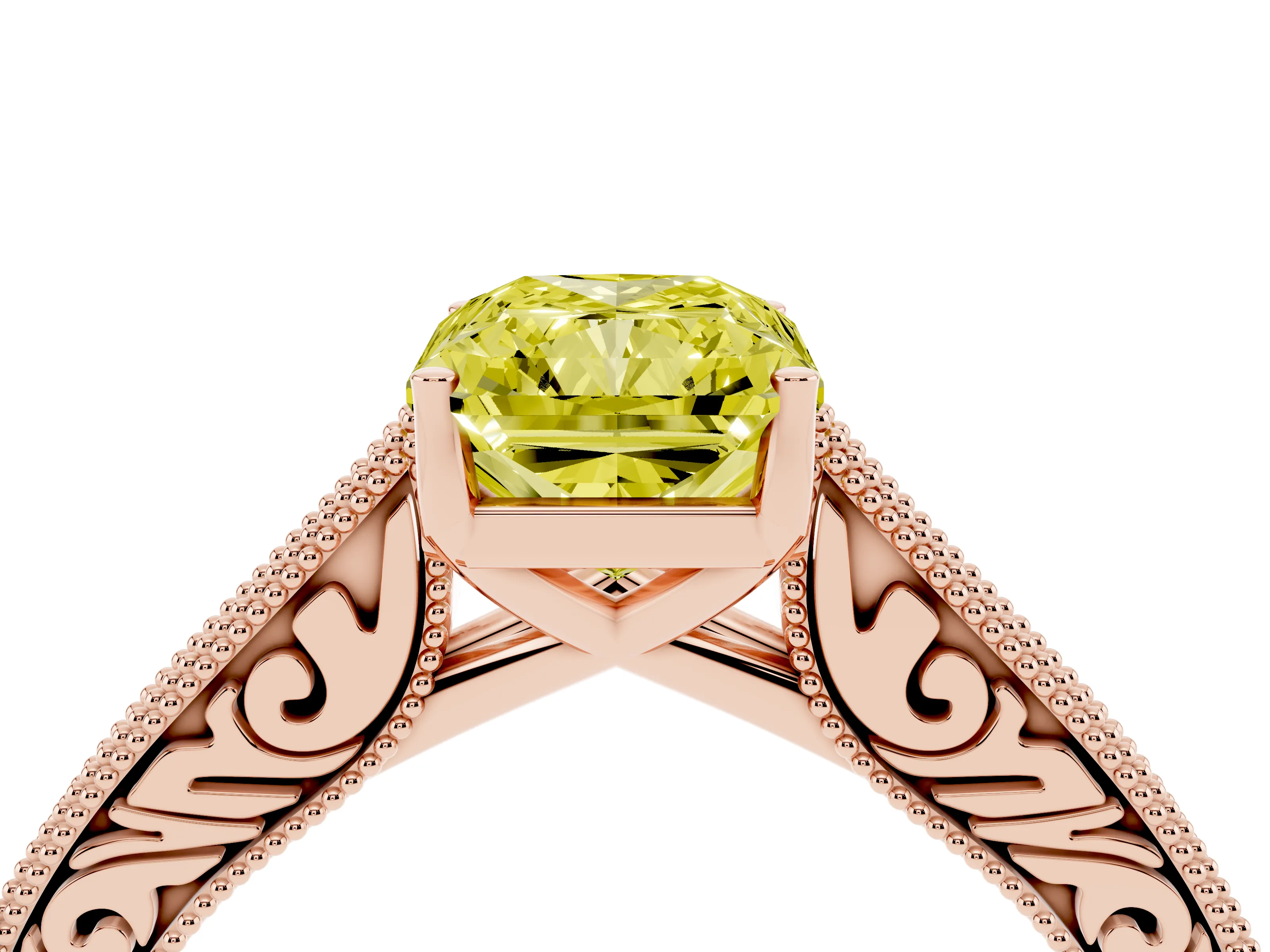 Fancy Yellow Radiant Cut Diamond Milgrain Pavé Band Solitaire Ring Set in Rose gold with Prong Setting