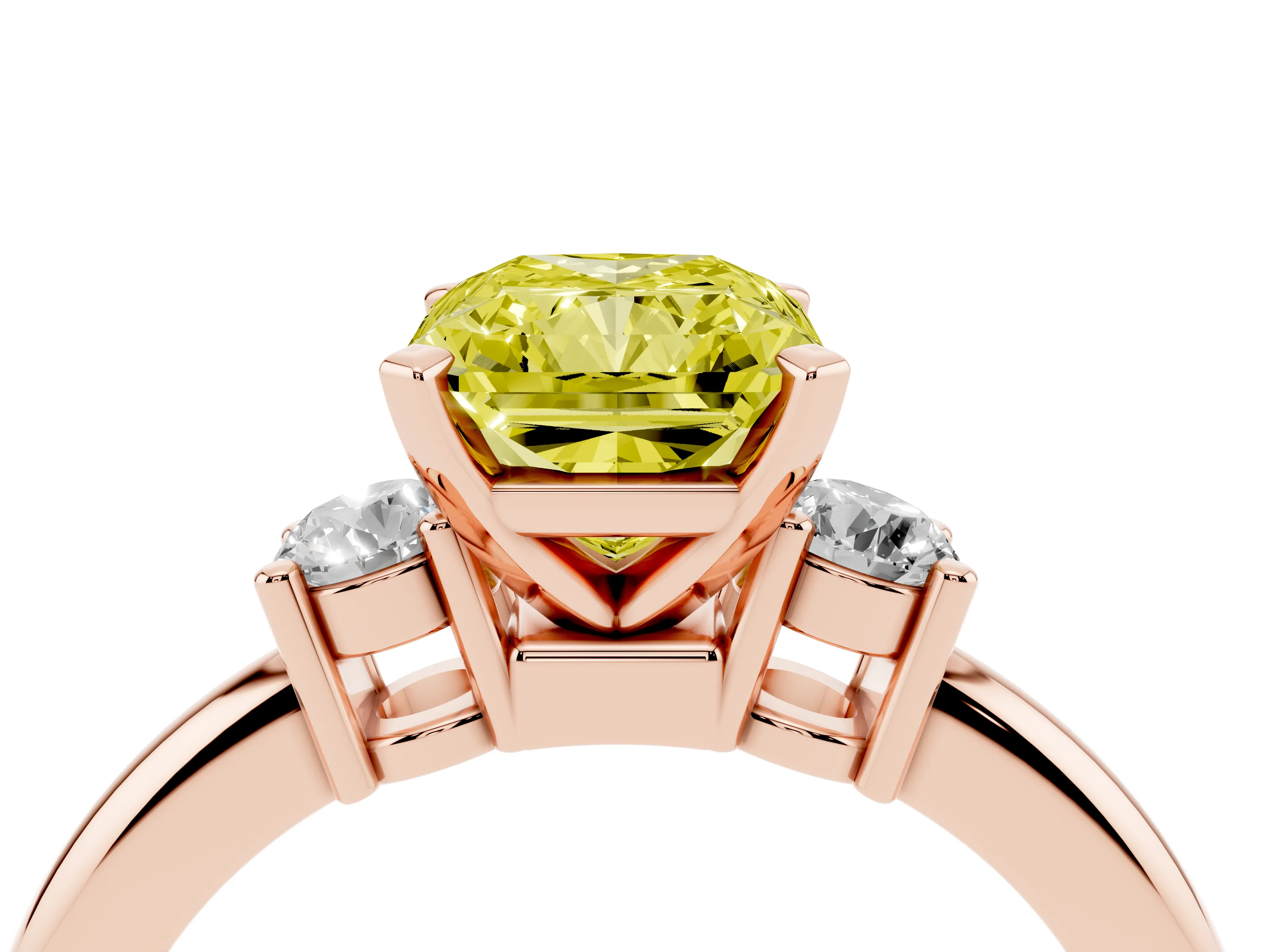 Fancy Yellow Three-Stone Radiant Cut Diamond Ring Set in Rose gold with Prong Setting and Plain Band