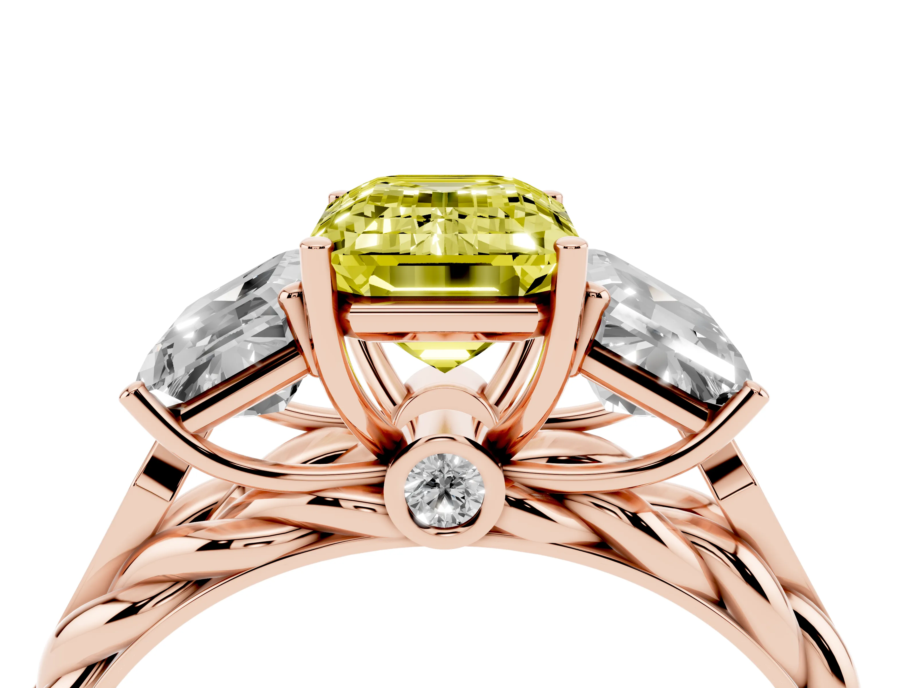 Fancy Yellow Radiant Cut Diamond Three-Stone Ring Set in Rose gold with Braided Band