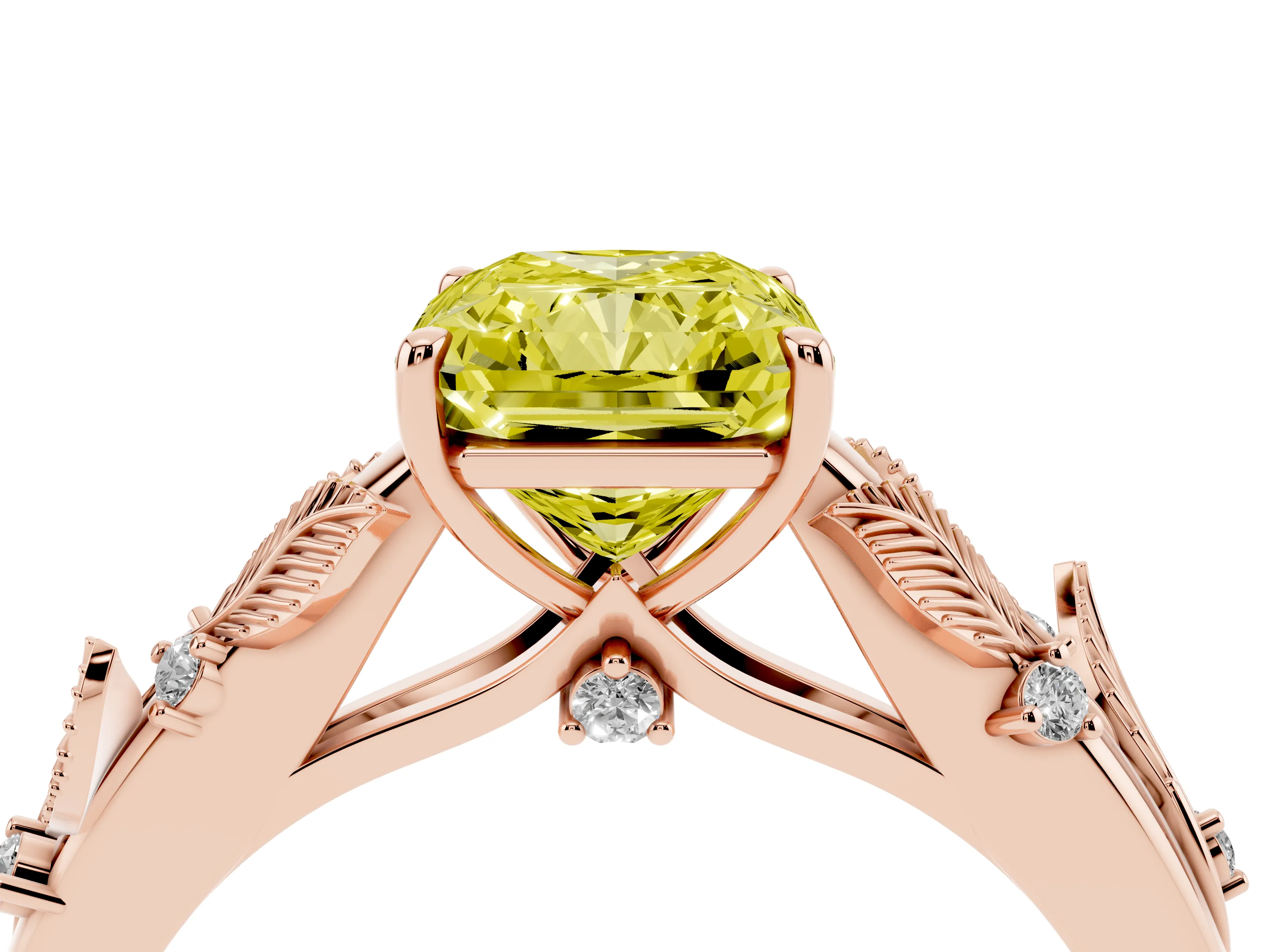 Fancy Yellow Radiant Cut Diamond Solitaire Ring Set in Rose gold with Leaf Motif Band