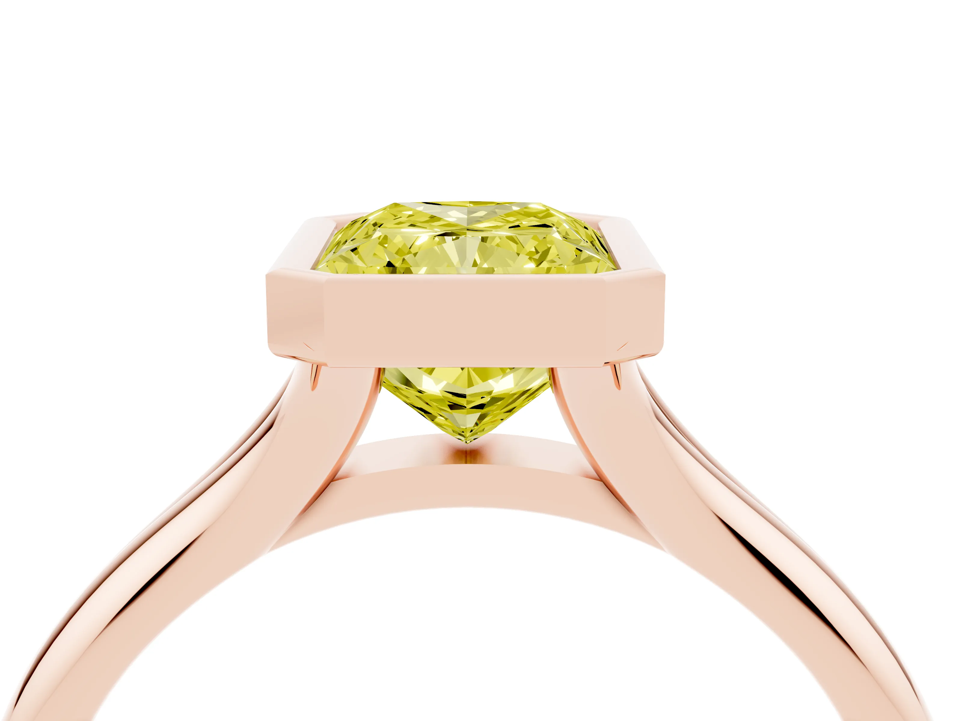 Fancy Yellow Bezel Set Radiant Cut Diamond Solitaire Ring Set in Rose gold with Smooth Band