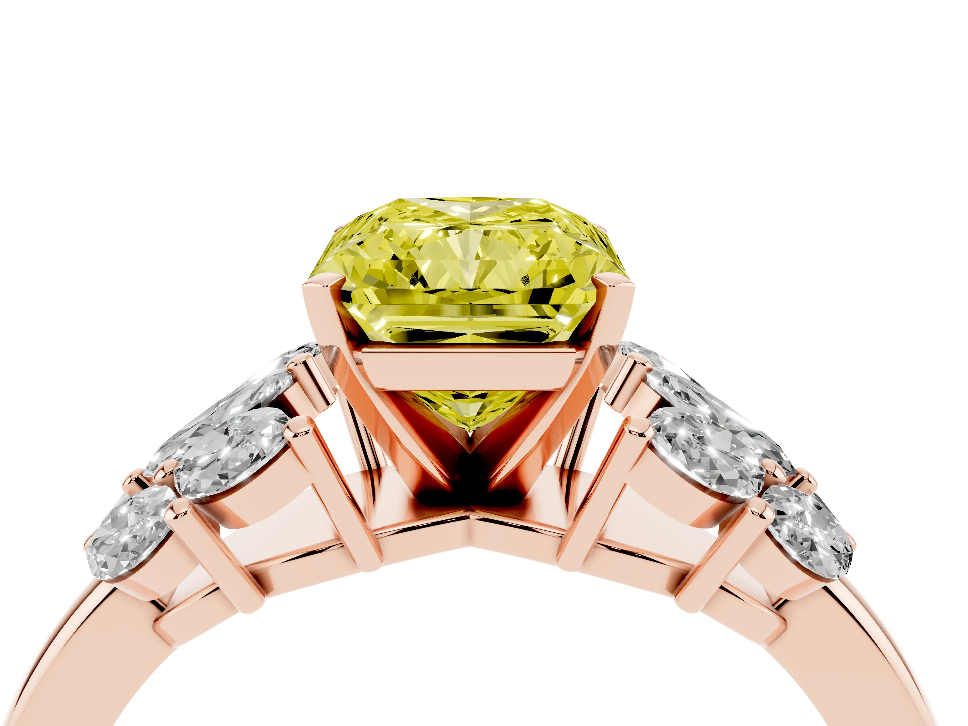 Fancy Yellow Radiant Cut Diamond Cluster Leaf Design Ring Set in Rose gold with Prong Setting
