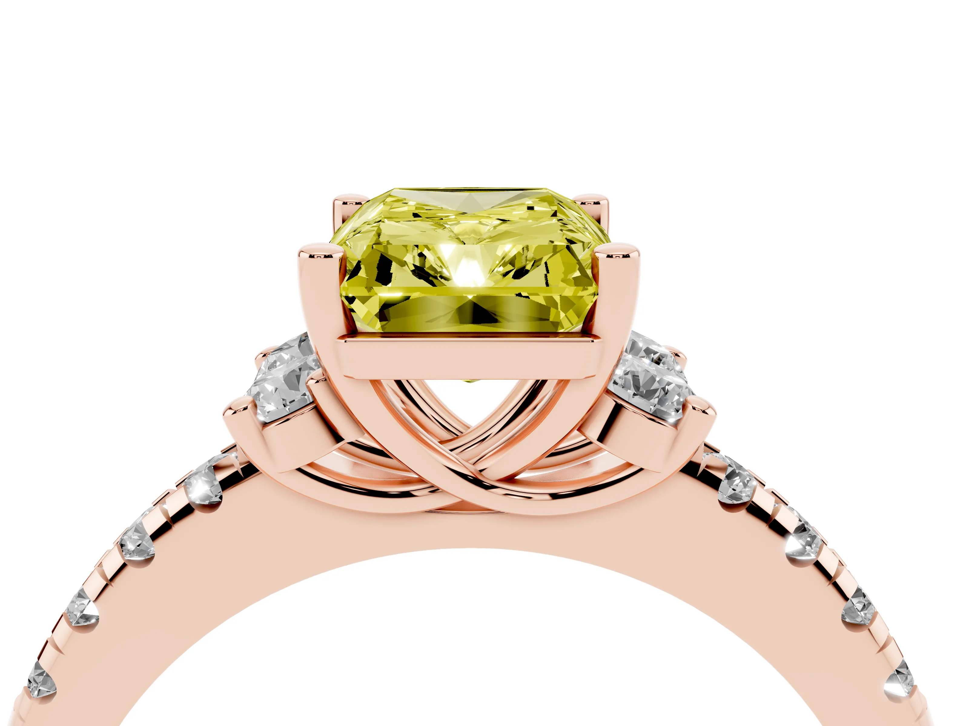 Fancy Yellow Radiant Cut Diamond Three-Stone Pavé Ring Set in Rose gold with Prong Setting