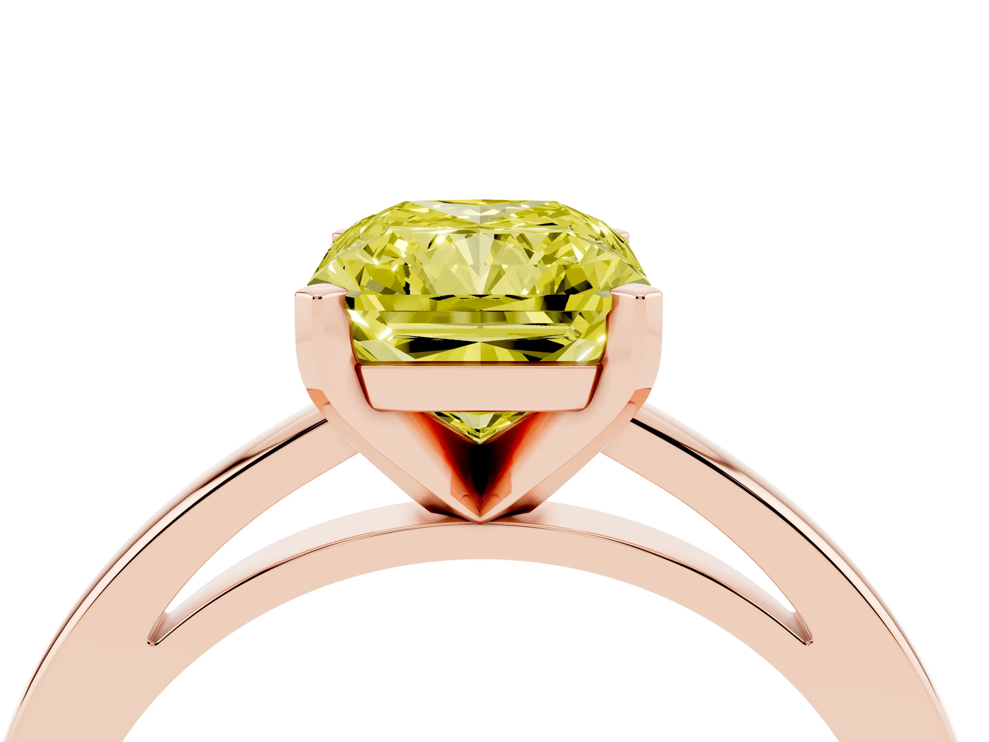 Fancy Yellow Radiant Cut Diamond Solitaire Engagement Ring Set in Rose gold with Prong Setting on a Classic Band