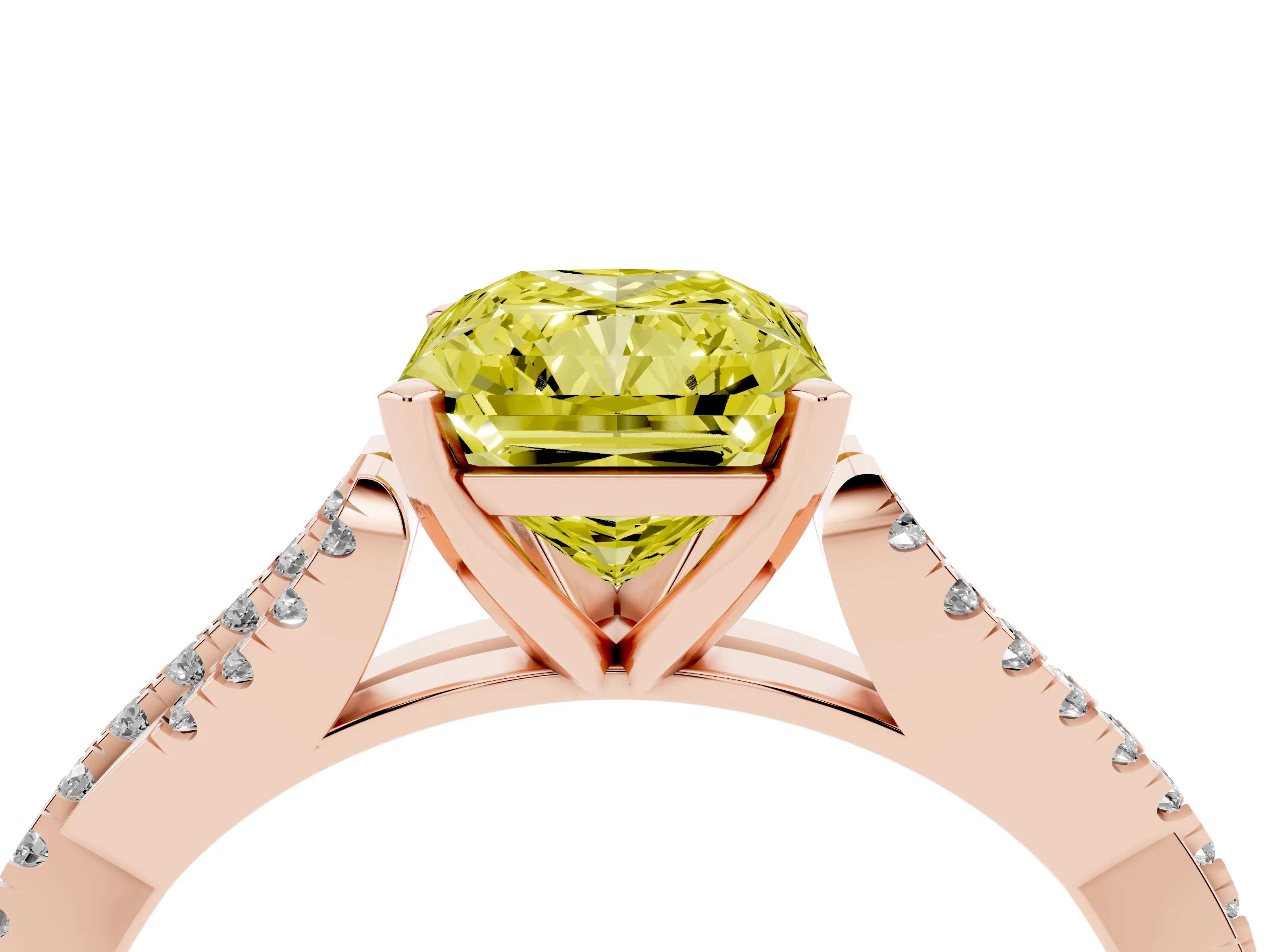 Fancy Yellow Radiant Cut Diamond Solitaire Engagement Ring Set in Rose gold with Twisted Pavé Band and Prong Setting