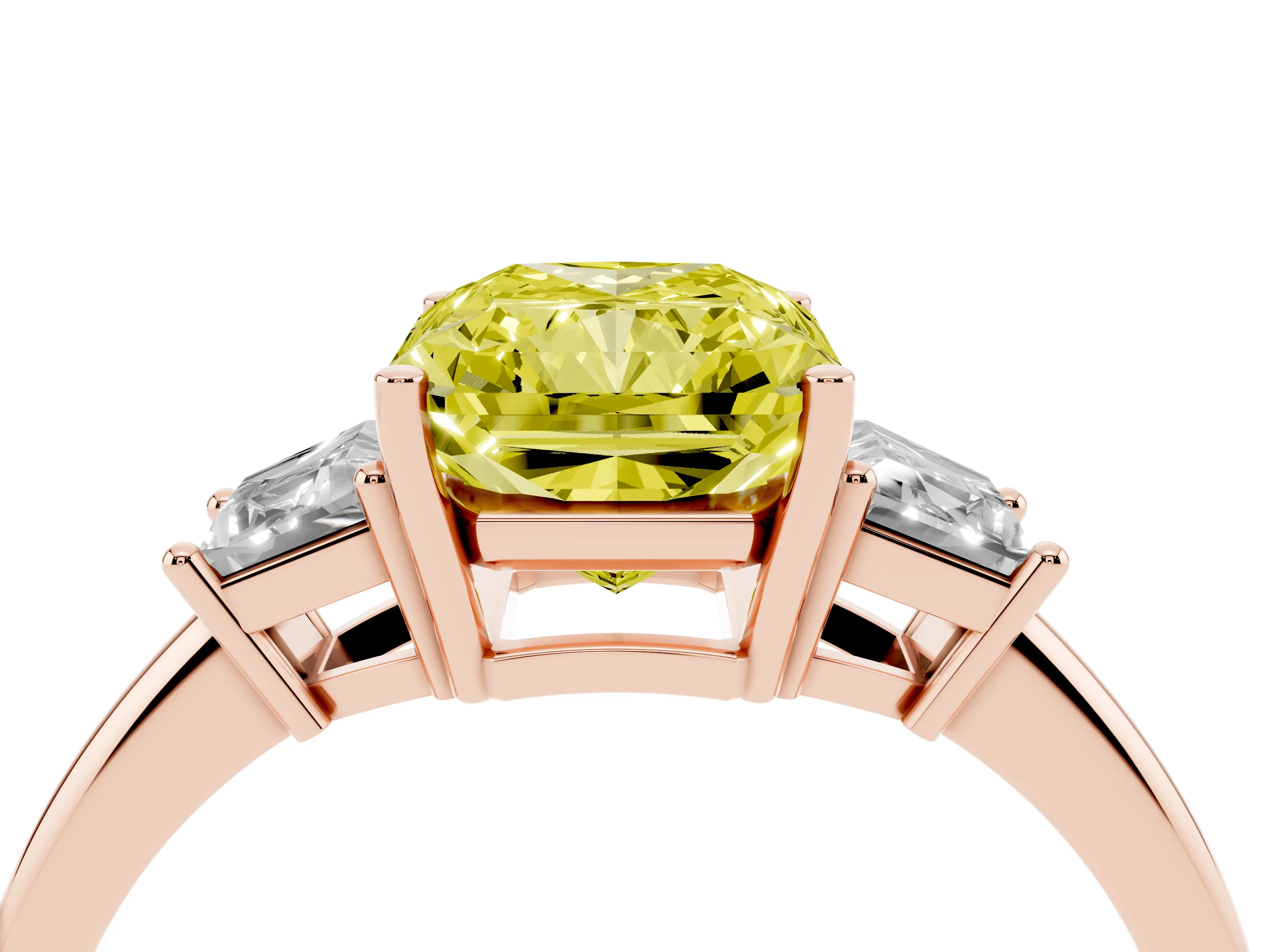 Fancy Yellow Radiant Cut Diamond Three-Stone Ring Set in Rose gold with Trapezoid Side Stones and Prong Setting