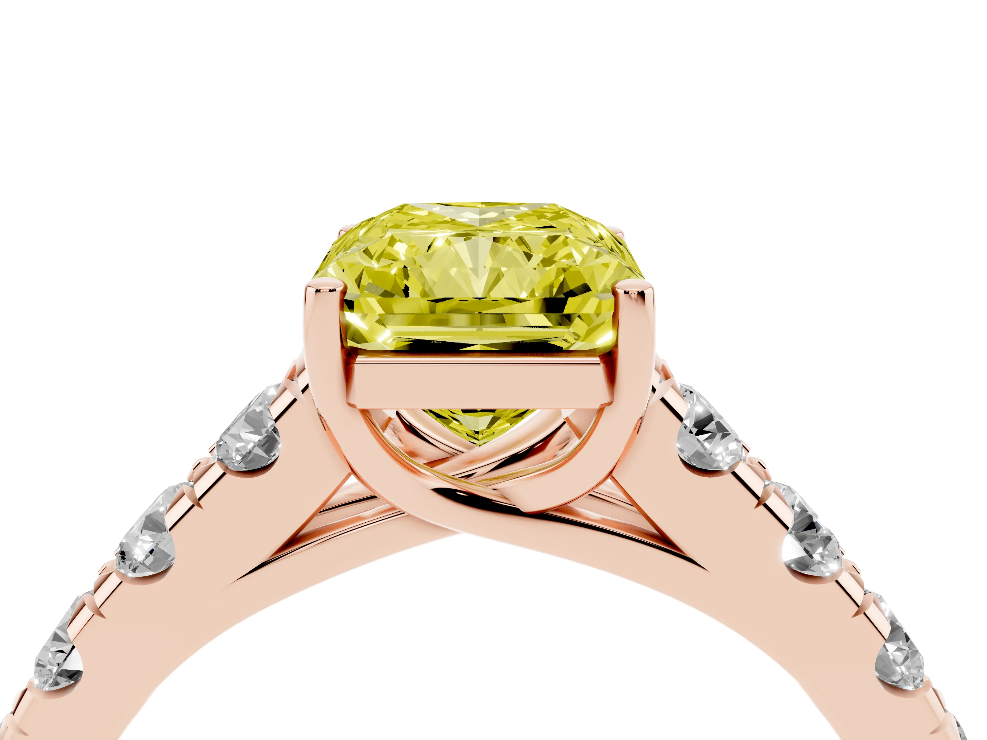 Fancy Yellow Radiant Cut Diamond Solitaire Ring Set in Rose gold with Cut-Down Micro Pavé Band and Prong Setting