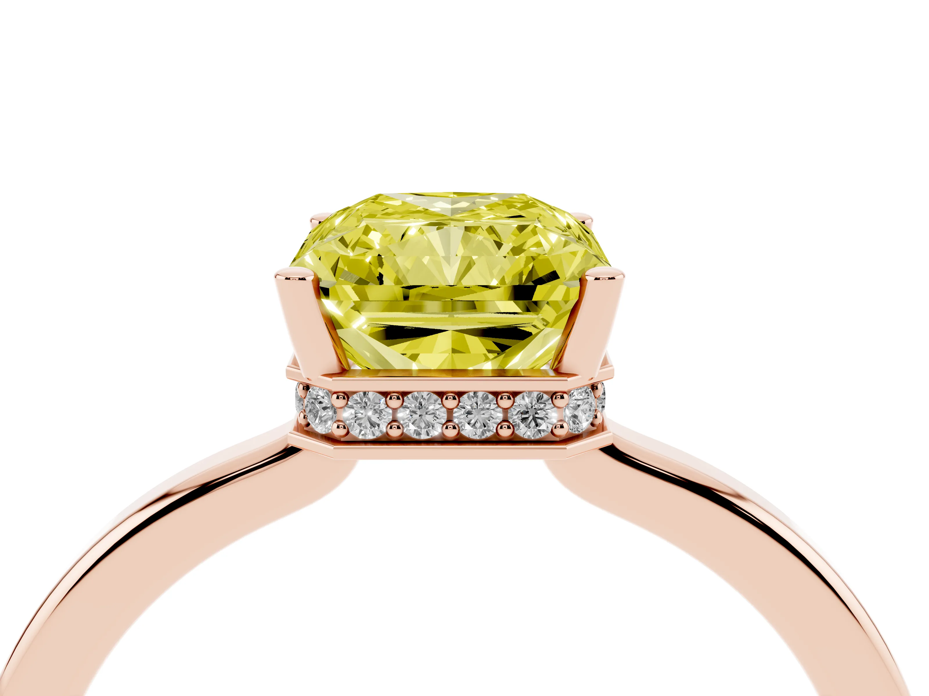 Fancy Yellow Radiant Cut Diamond Solitaire Engagement Ring Set in Rose gold with Prong Setting on a Plain Band