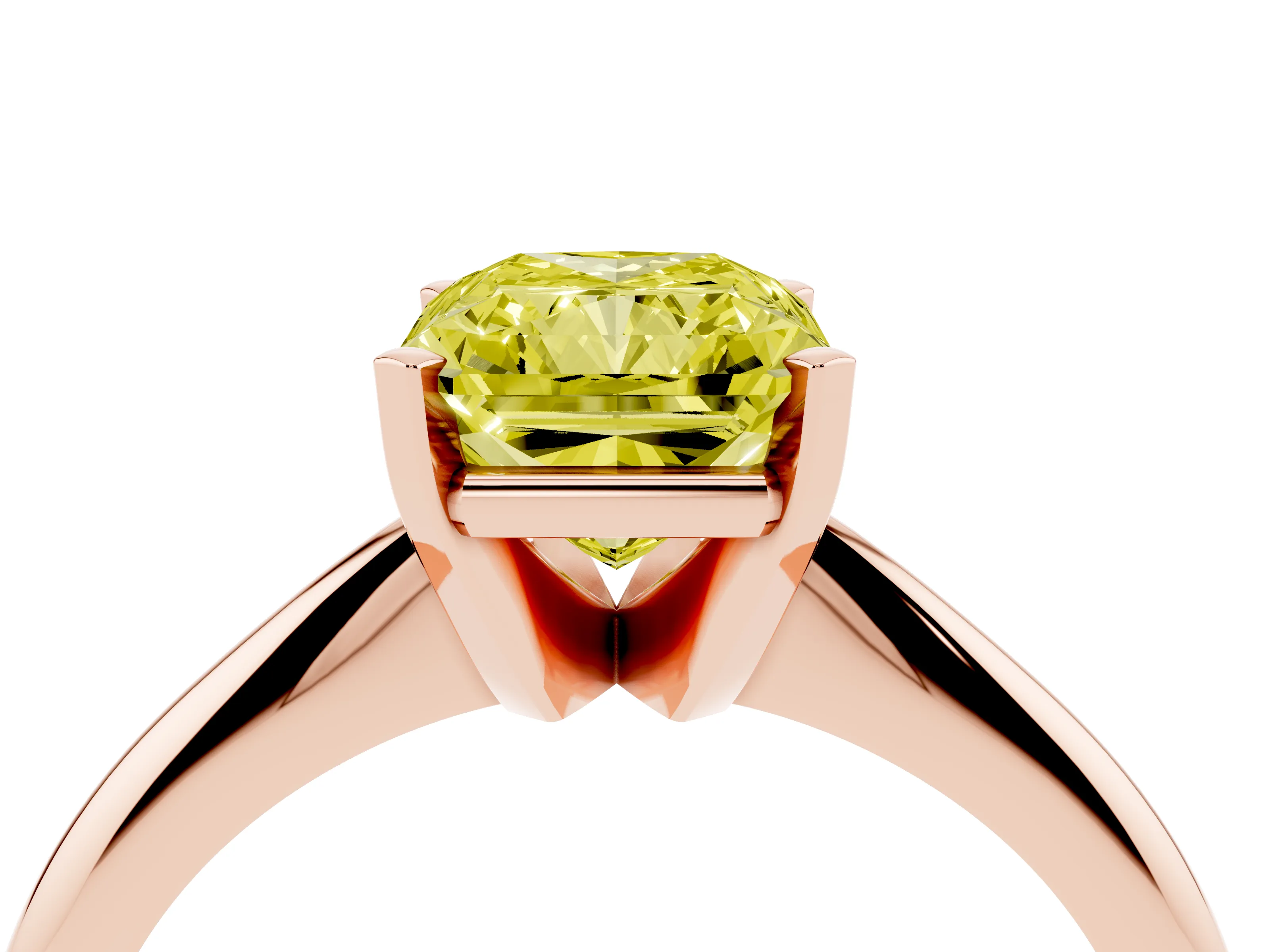 Fancy Yellow Radiant Cut Diamond Solitaire Ring Set in Rose gold with Prong Setting on a Plain Round Band
